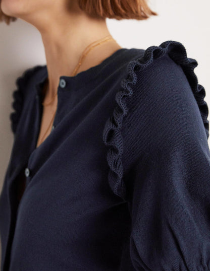 Frill Shoulder Cotton Cardigan-Navy-6