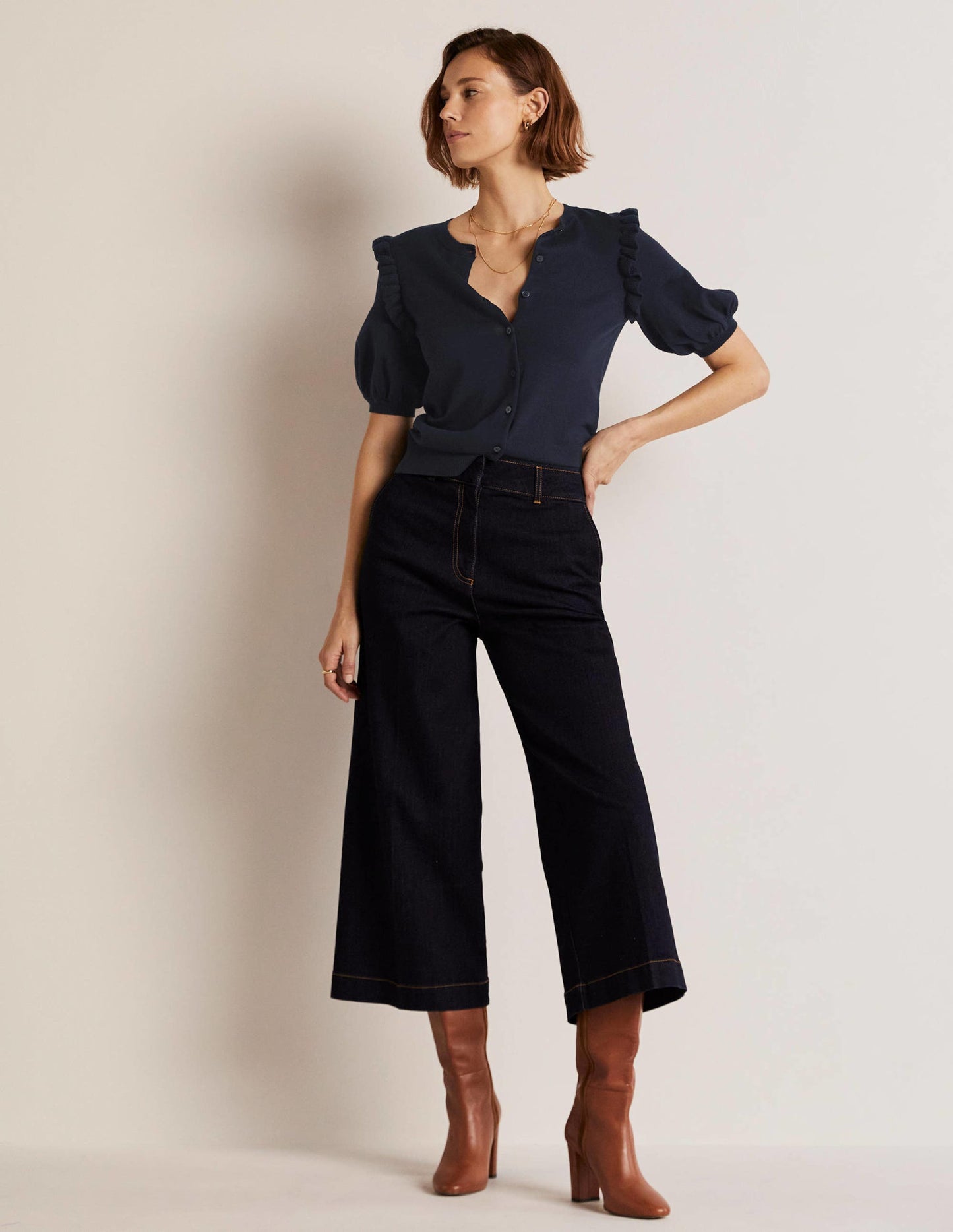 Frill Shoulder Cotton Cardigan-Navy
