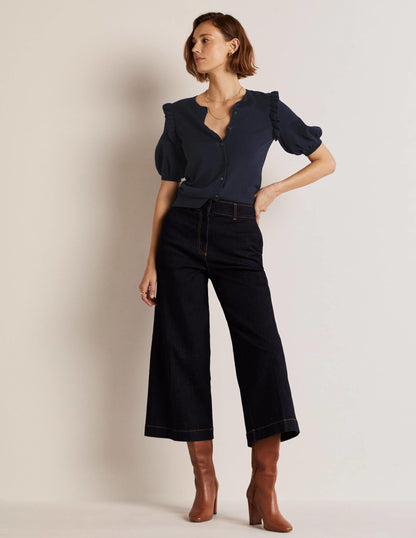 Frill Shoulder Cotton Cardigan-Navy-8