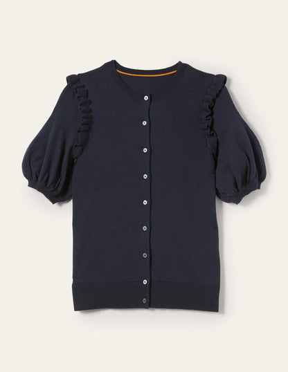 Frill Shoulder Cotton Cardigan-Navy-10