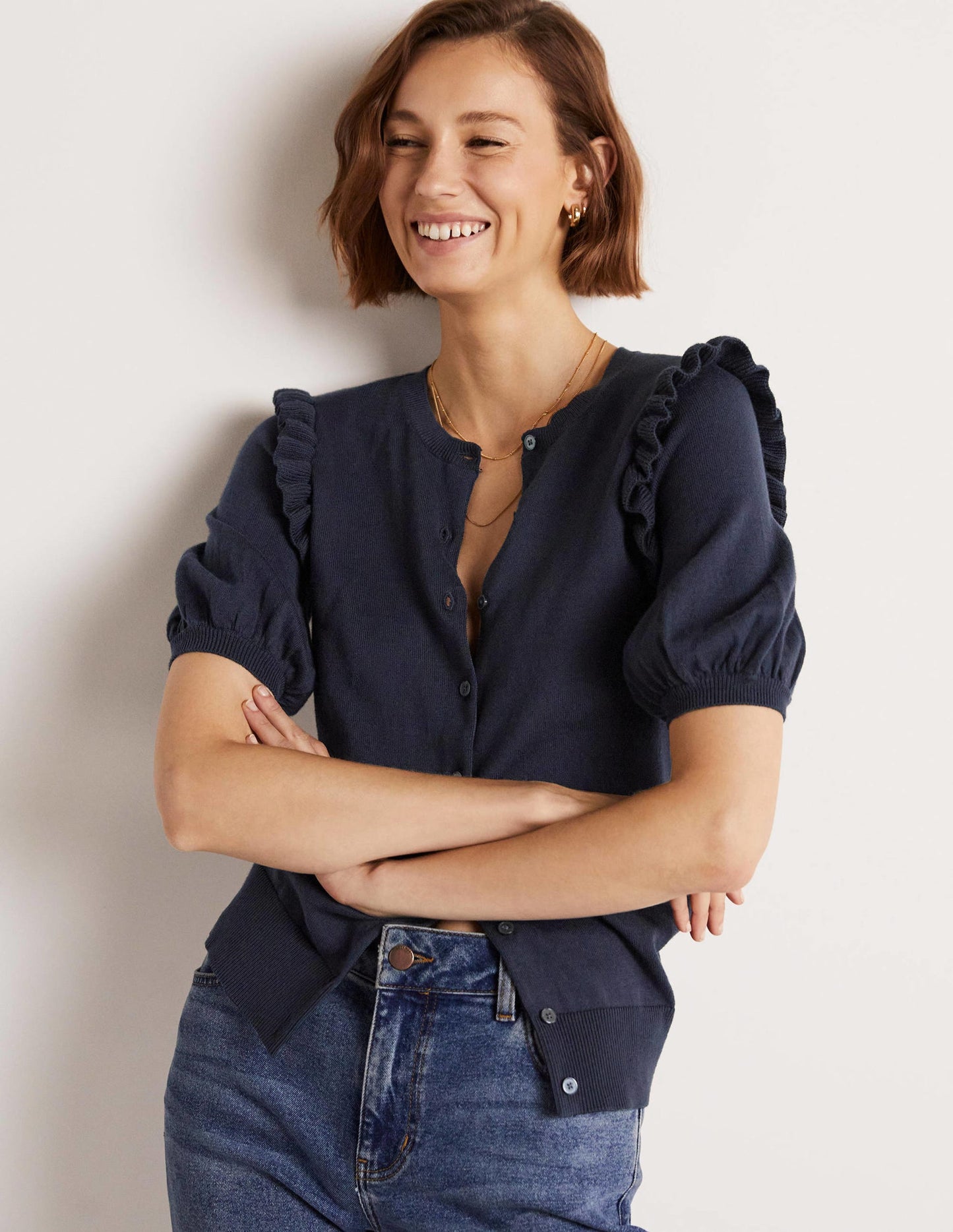 Frill Shoulder Cotton Cardigan-Navy