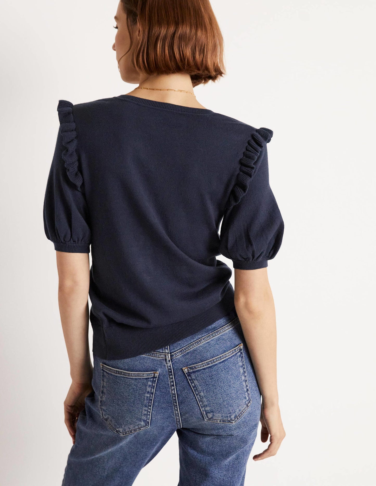Frill Shoulder Cotton Cardigan-Navy