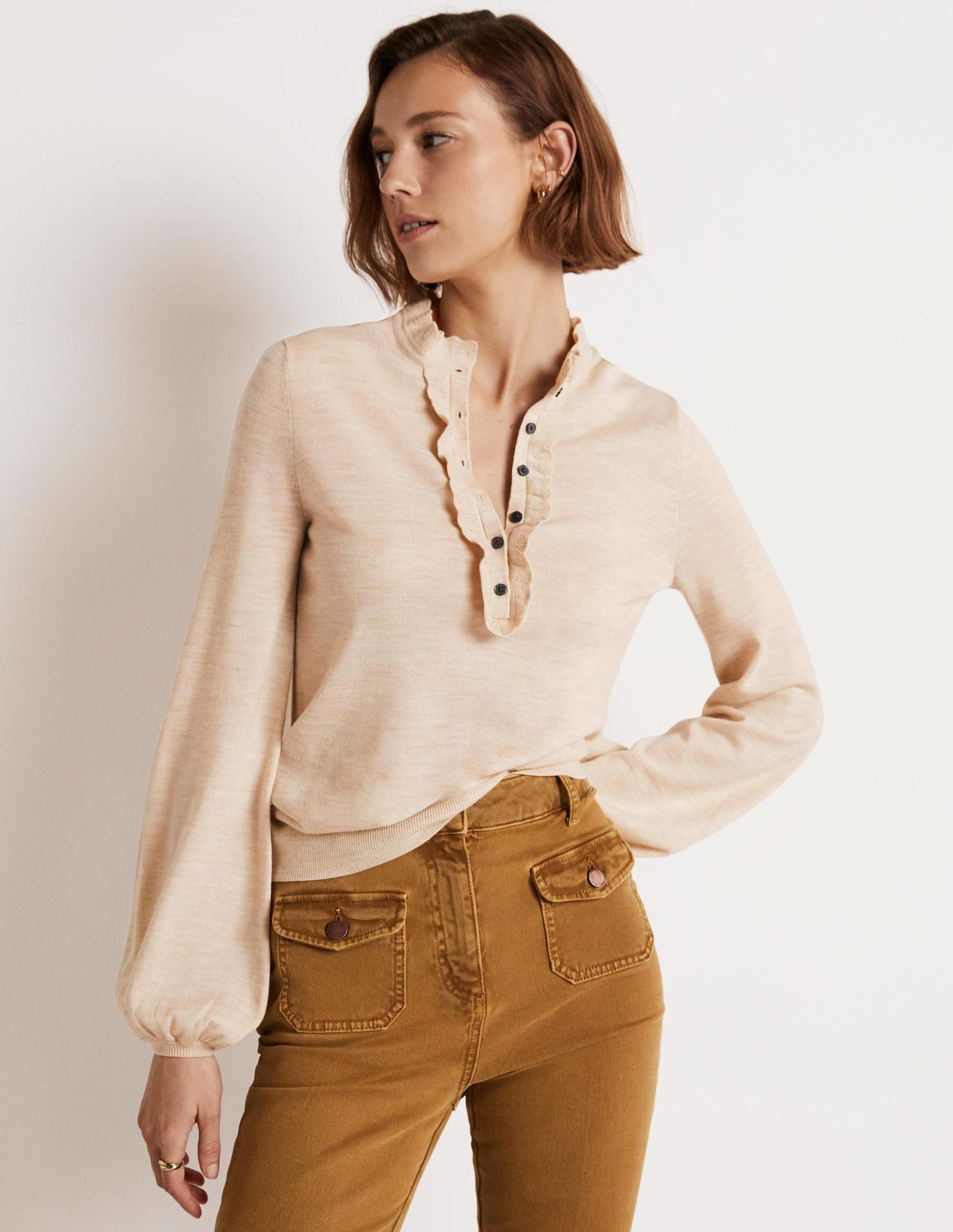 Button Front Merino Jumper-Oatmeal Melange-5
