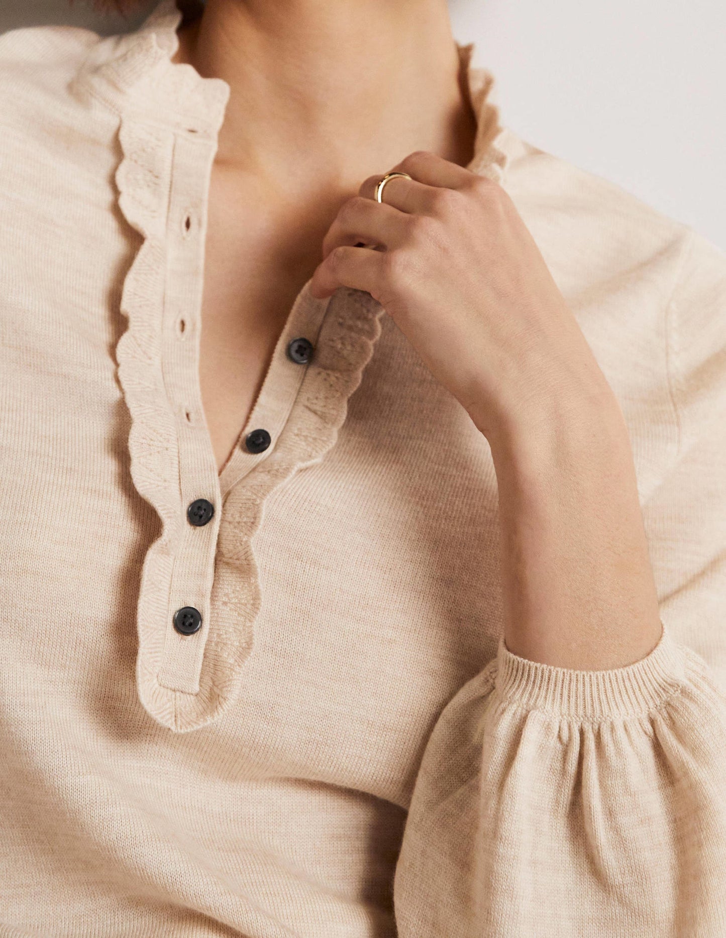 Button Front Merino Jumper-Oatmeal Melange