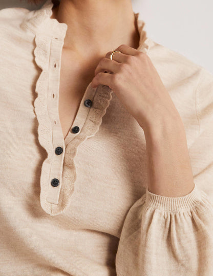 Button Front Merino Jumper-Oatmeal Melange-2