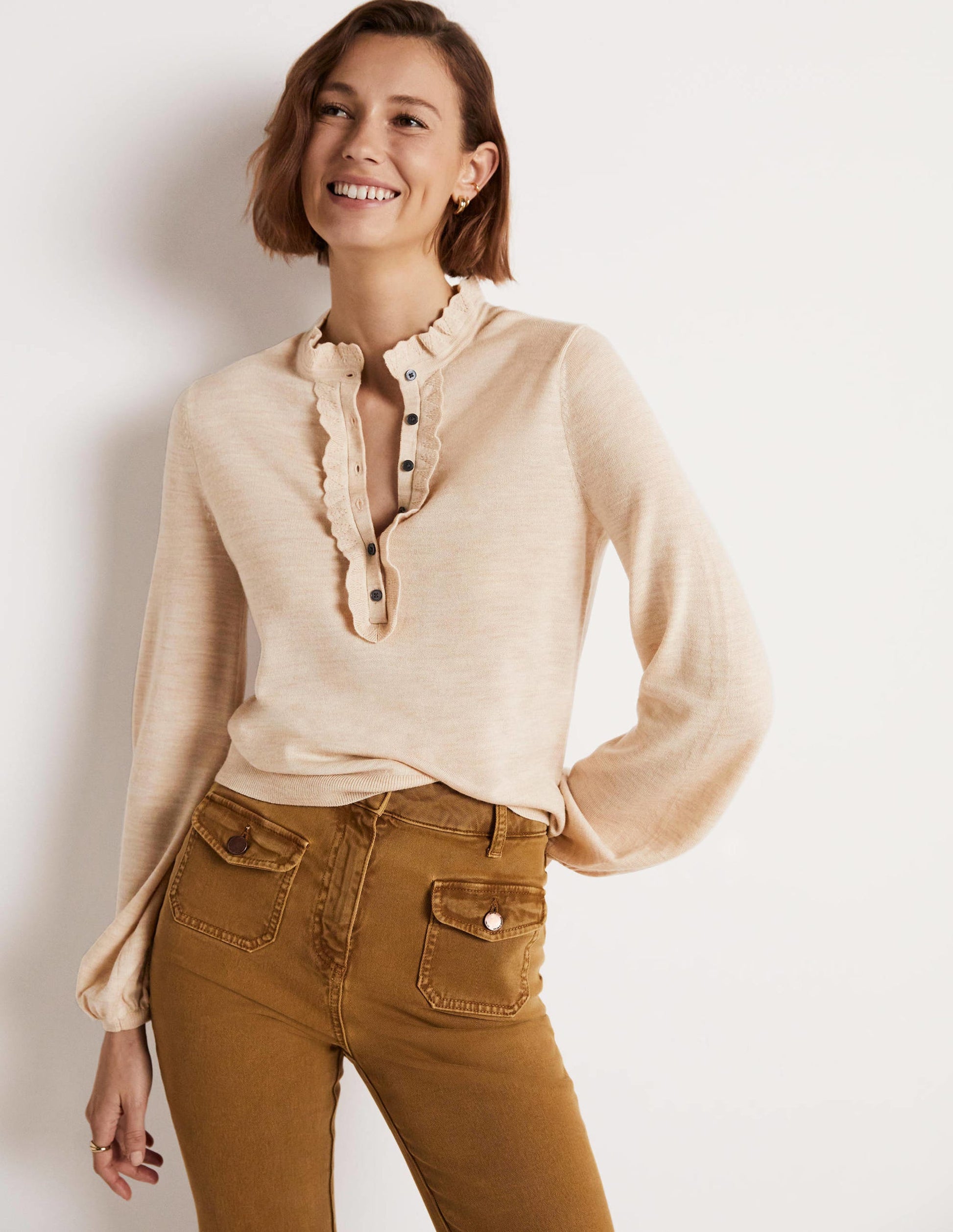Button Front Merino Jumper-Oatmeal Melange-4