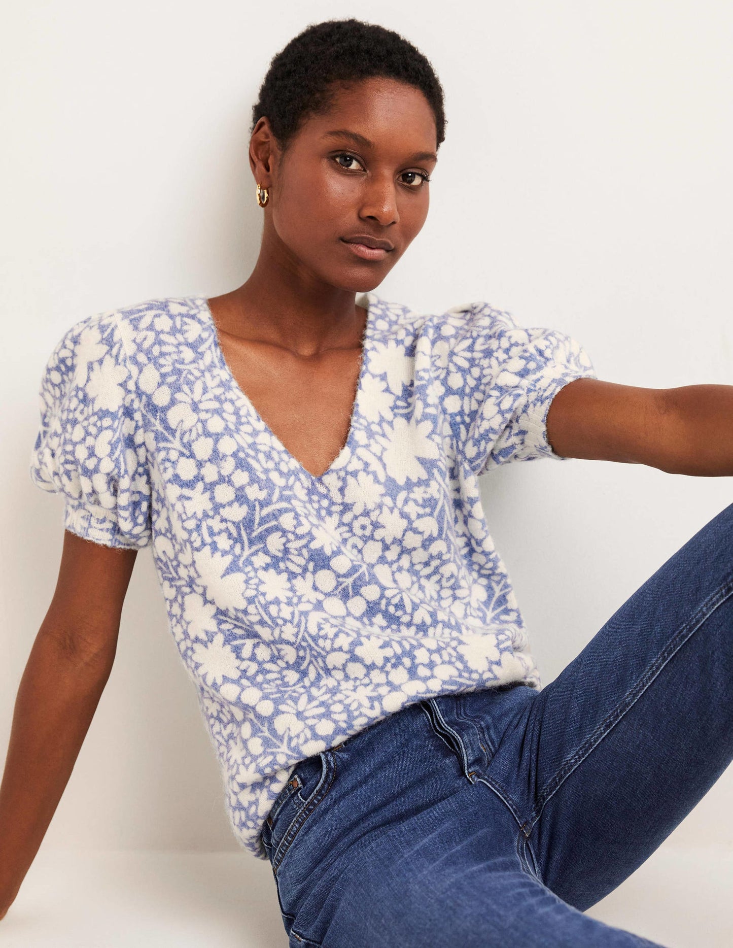 Printed Puff Sleeve Jumper-Riviera Blue, Abstract Ditsy