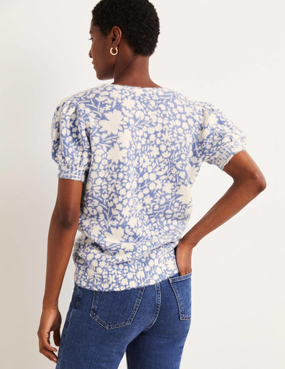 Printed Puff Sleeve Jumper-Riviera Blue, Abstract Ditsy-3