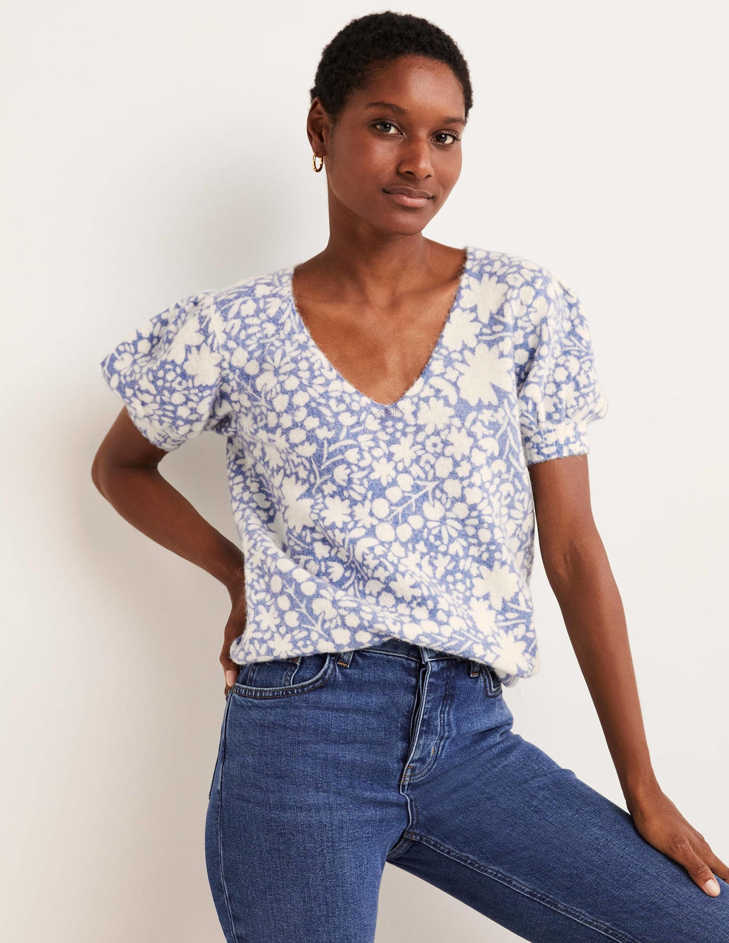 Printed Puff Sleeve Jumper-Riviera Blue, Abstract Ditsy