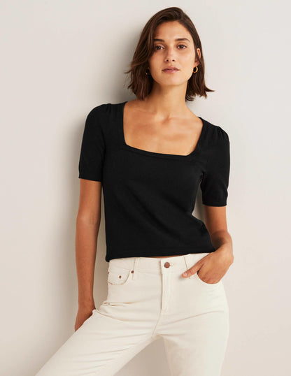 Cotton Square Neck Knitted Top-Black-1