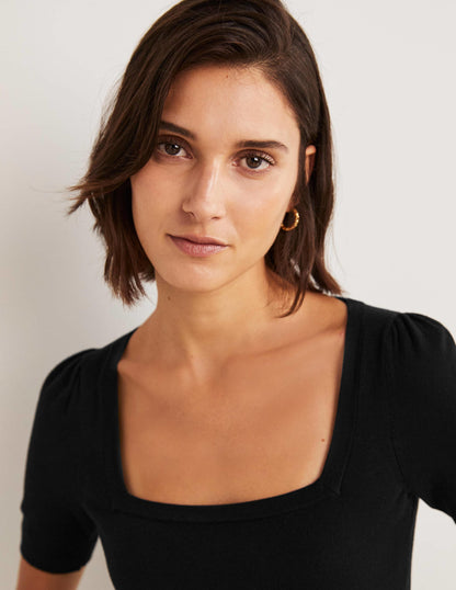 Cotton Square Neck Knitted Top-Black-2