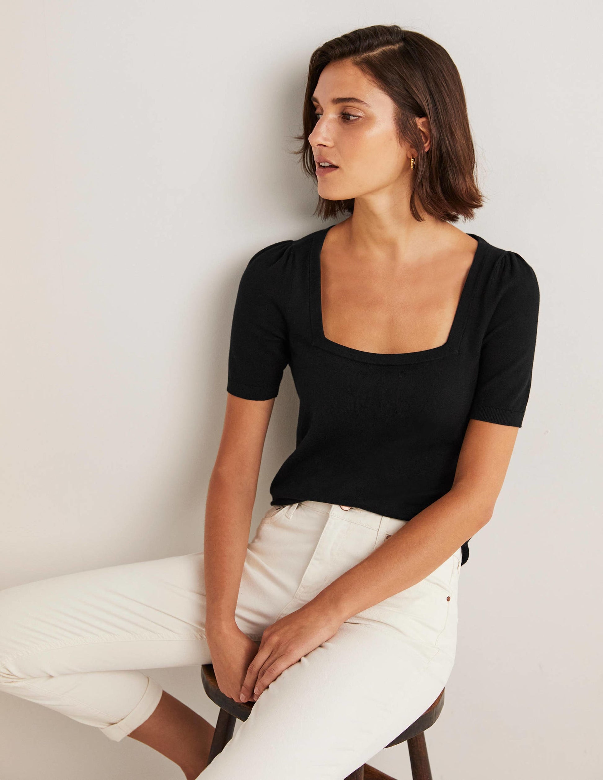 Cotton Square Neck Knitted Top-Black-4