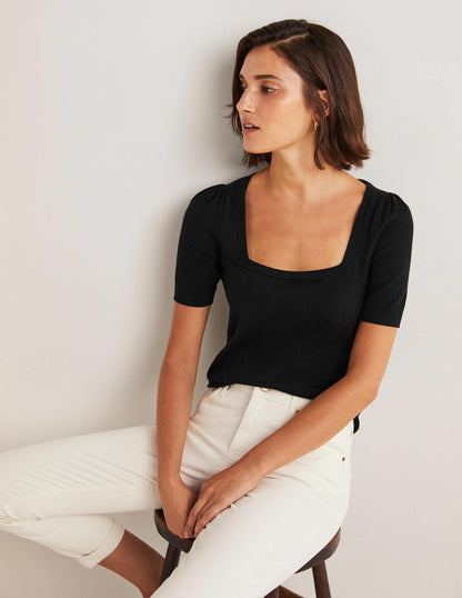 Cotton Square Neck Knitted Top-Black-4