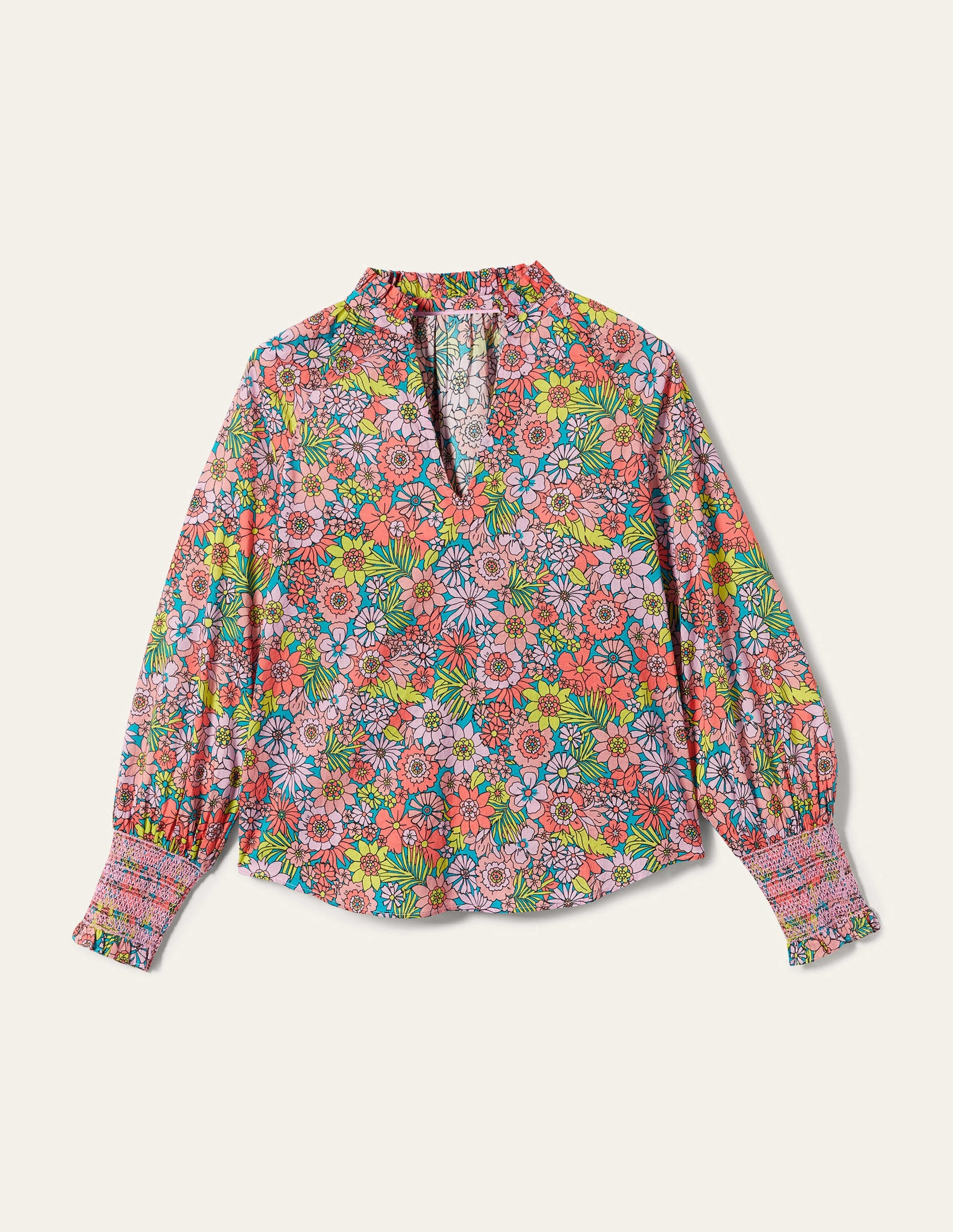 Smocked Cuff Printed Top-Bonbon Pink, Bloom Garden-9