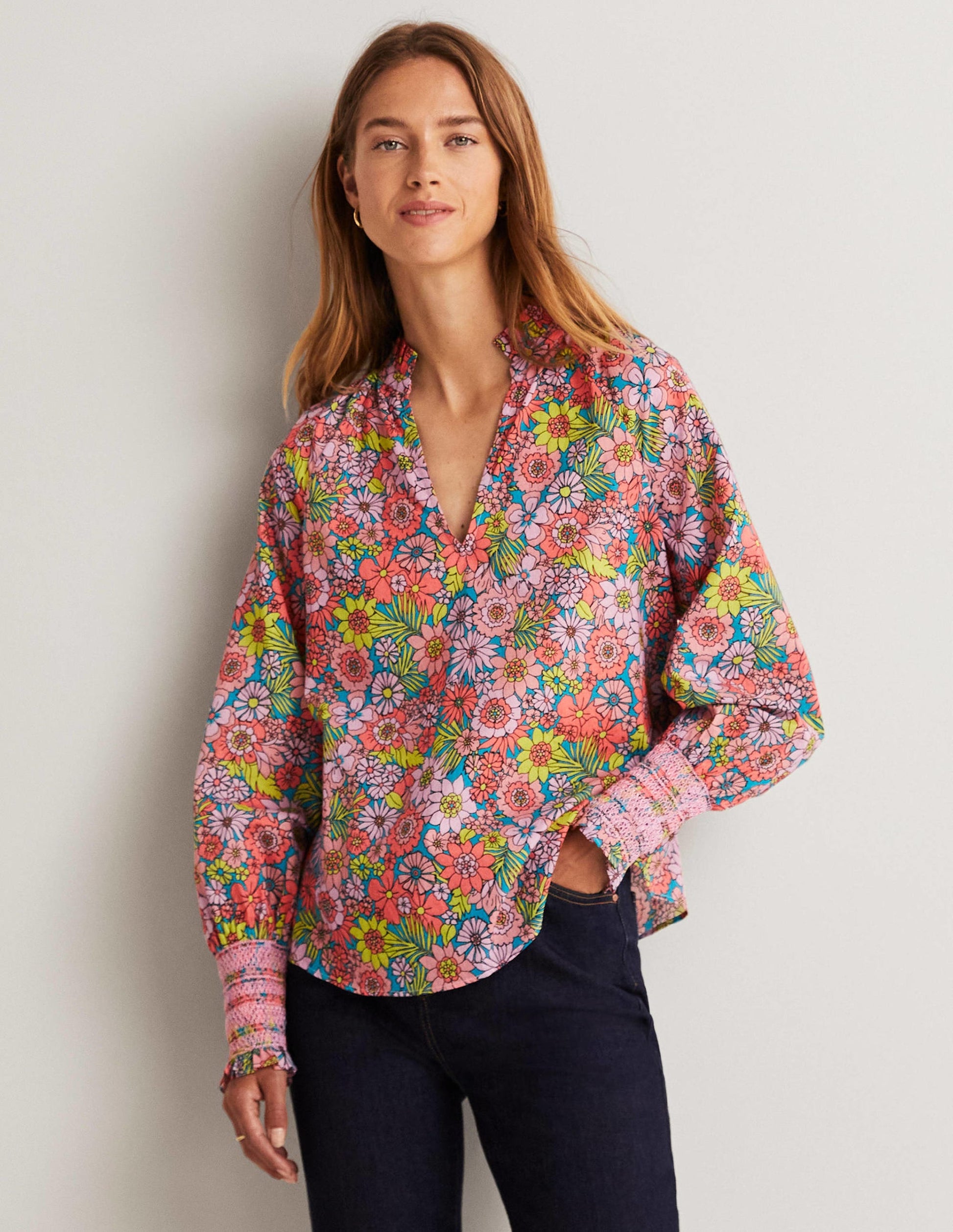 Smocked Cuff Printed Top-Bonbon Pink, Bloom Garden-1