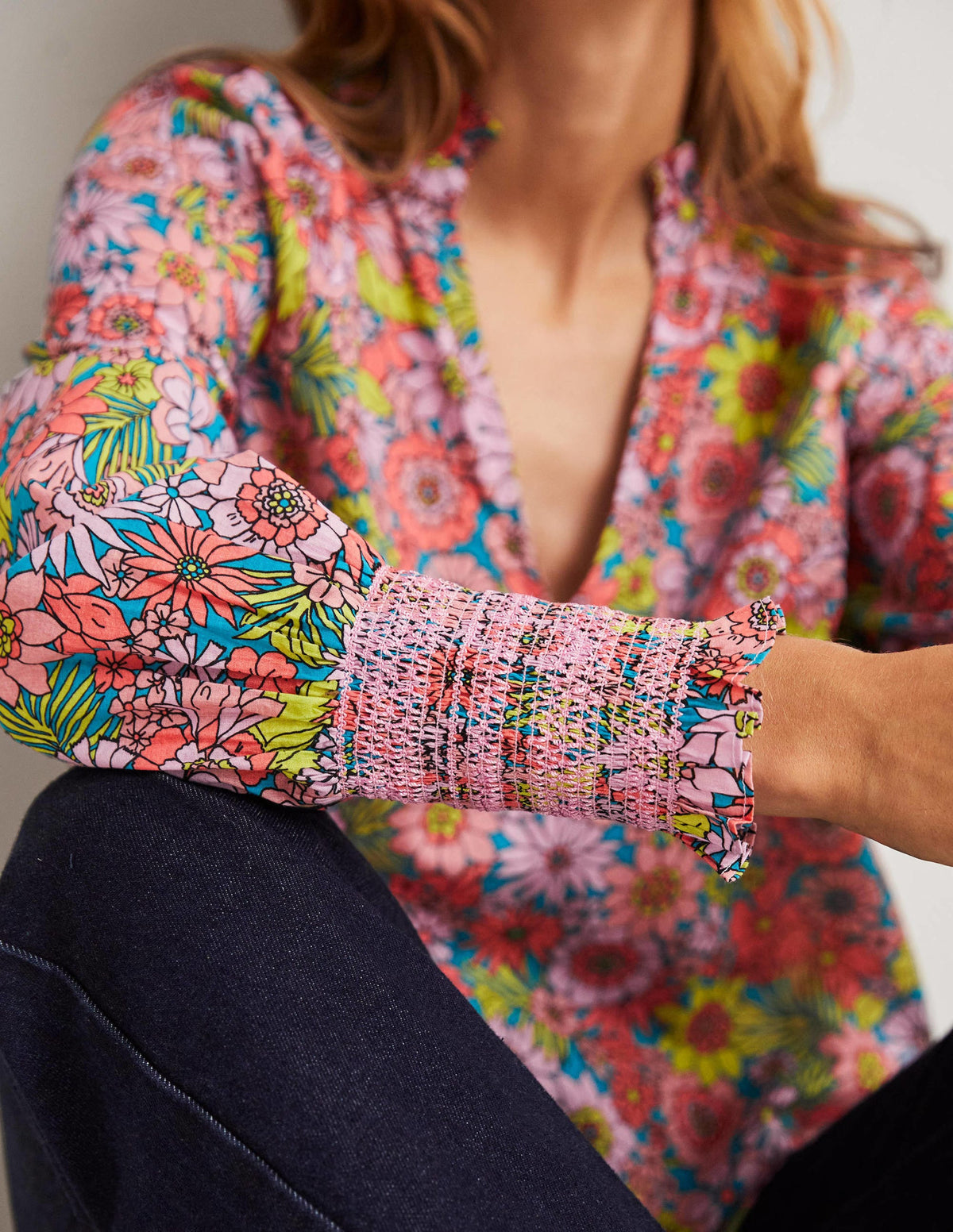 Smocked Cuff Printed Top-Bonbon Pink, Bloom Garden - Image 2