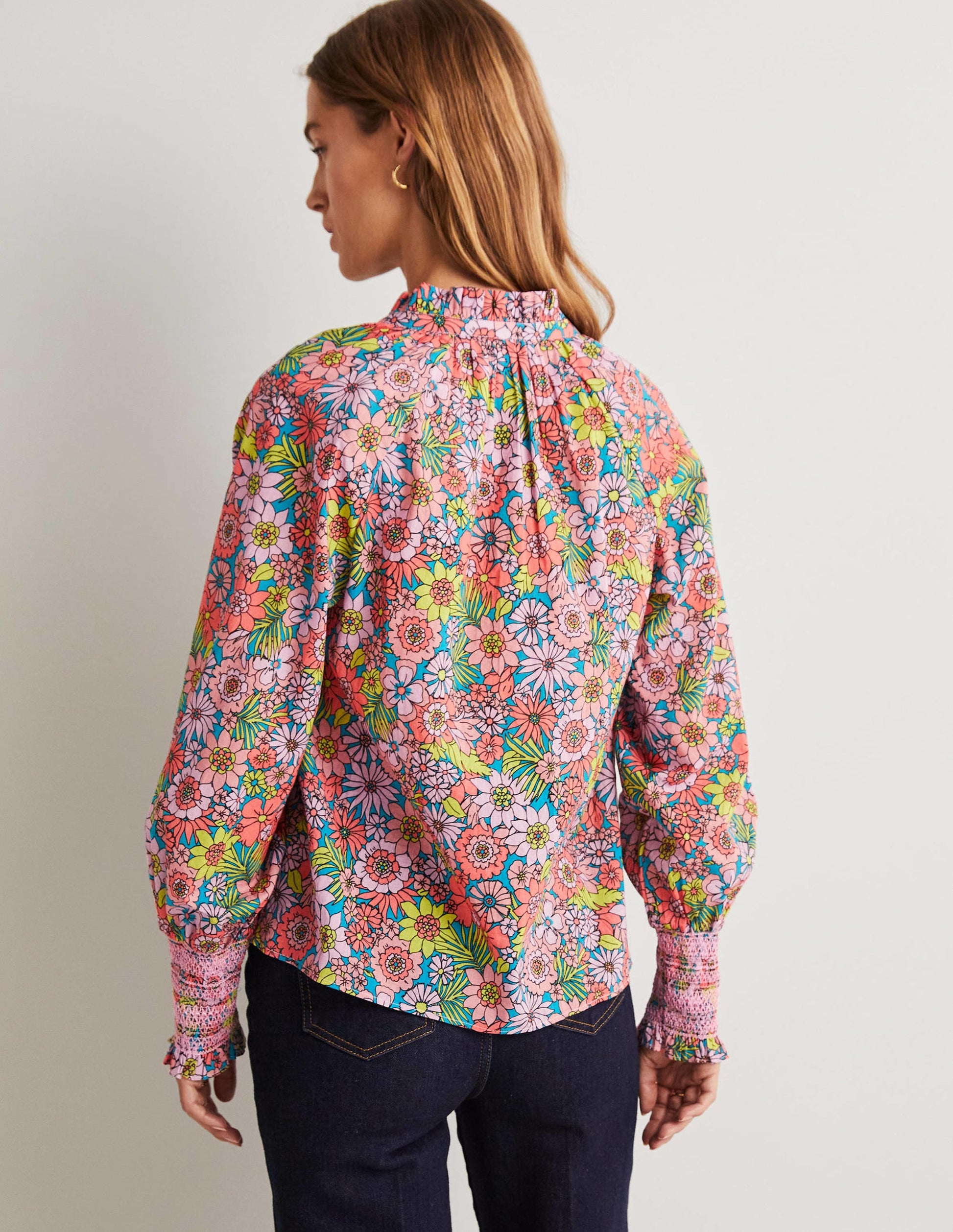 Smocked Cuff Printed Top-Bonbon Pink, Bloom Garden-3