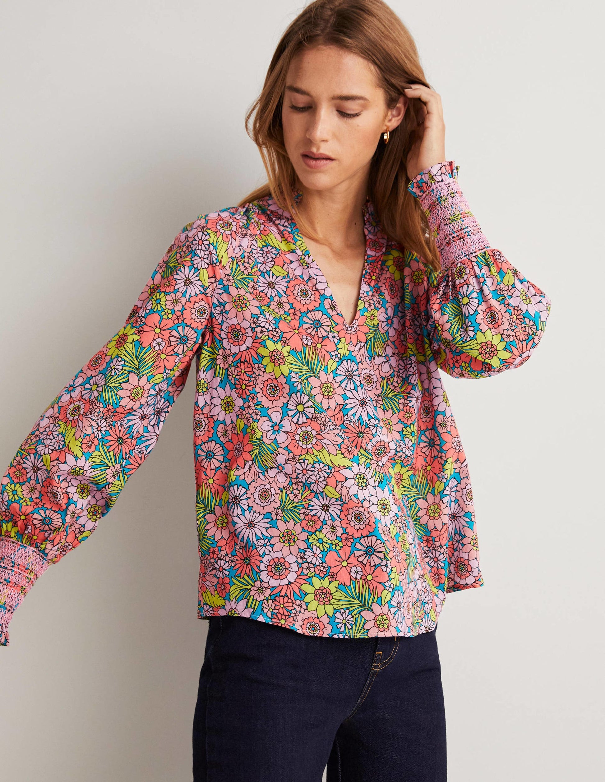 Smocked Cuff Printed Top-Bonbon Pink, Bloom Garden-4