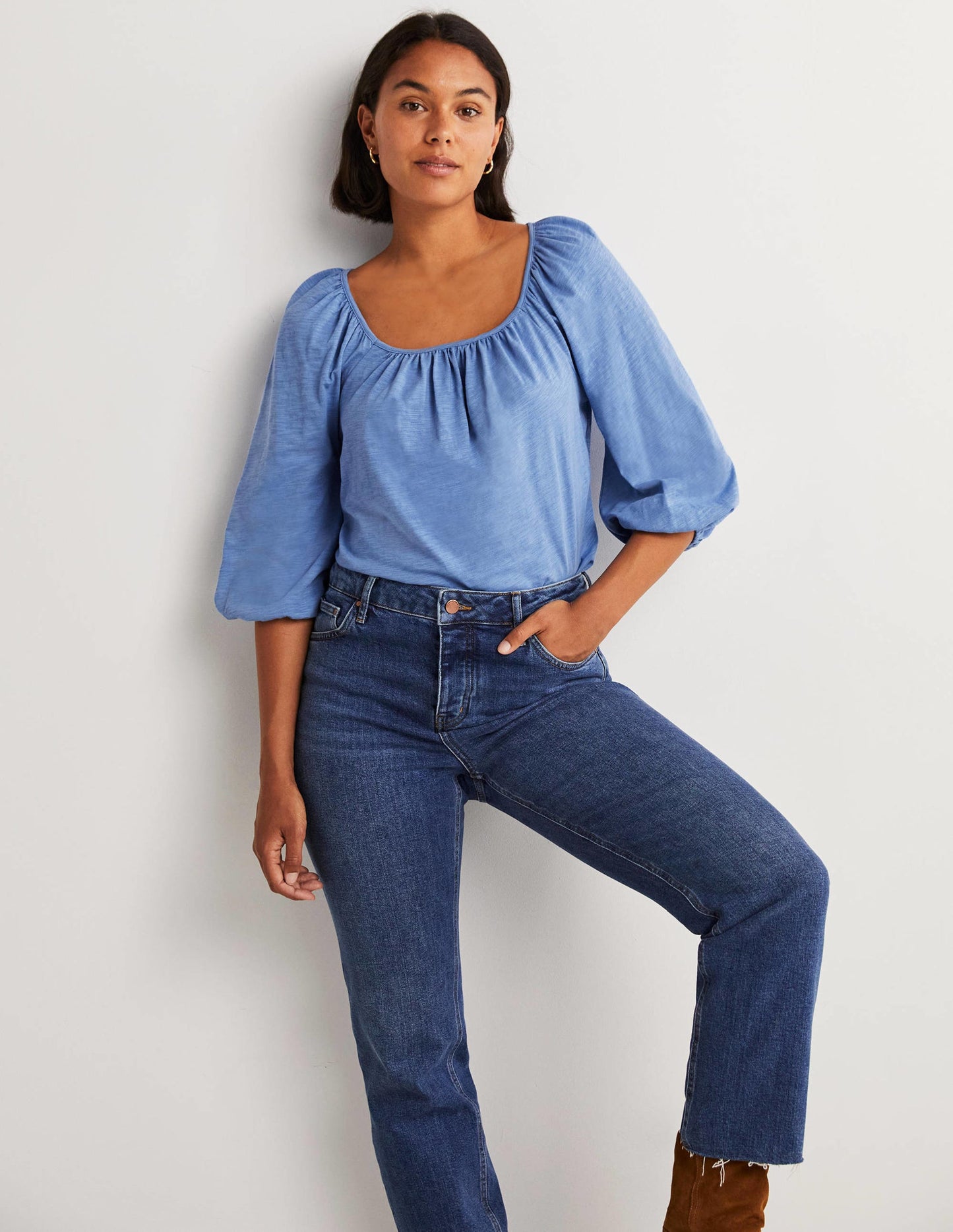 Blouson Sleeve Cotton Top-Riviera Blue