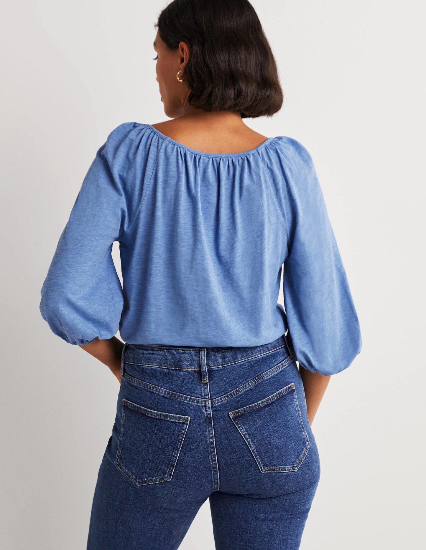 Blouson Sleeve Cotton Top-Riviera Blue