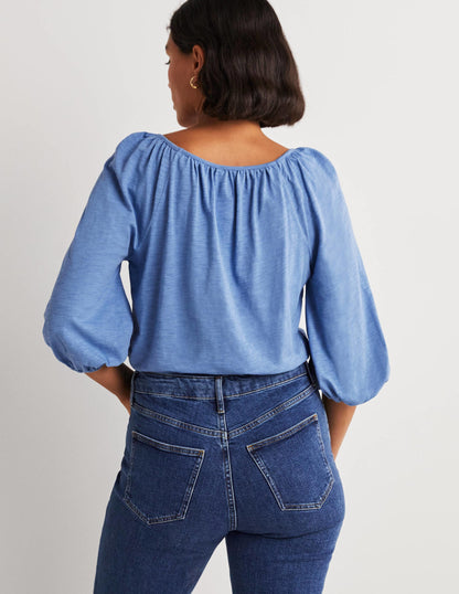 Blouson Sleeve Cotton Top-Riviera Blue-3