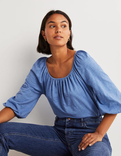 Blouson Sleeve Cotton Top-Riviera Blue-4