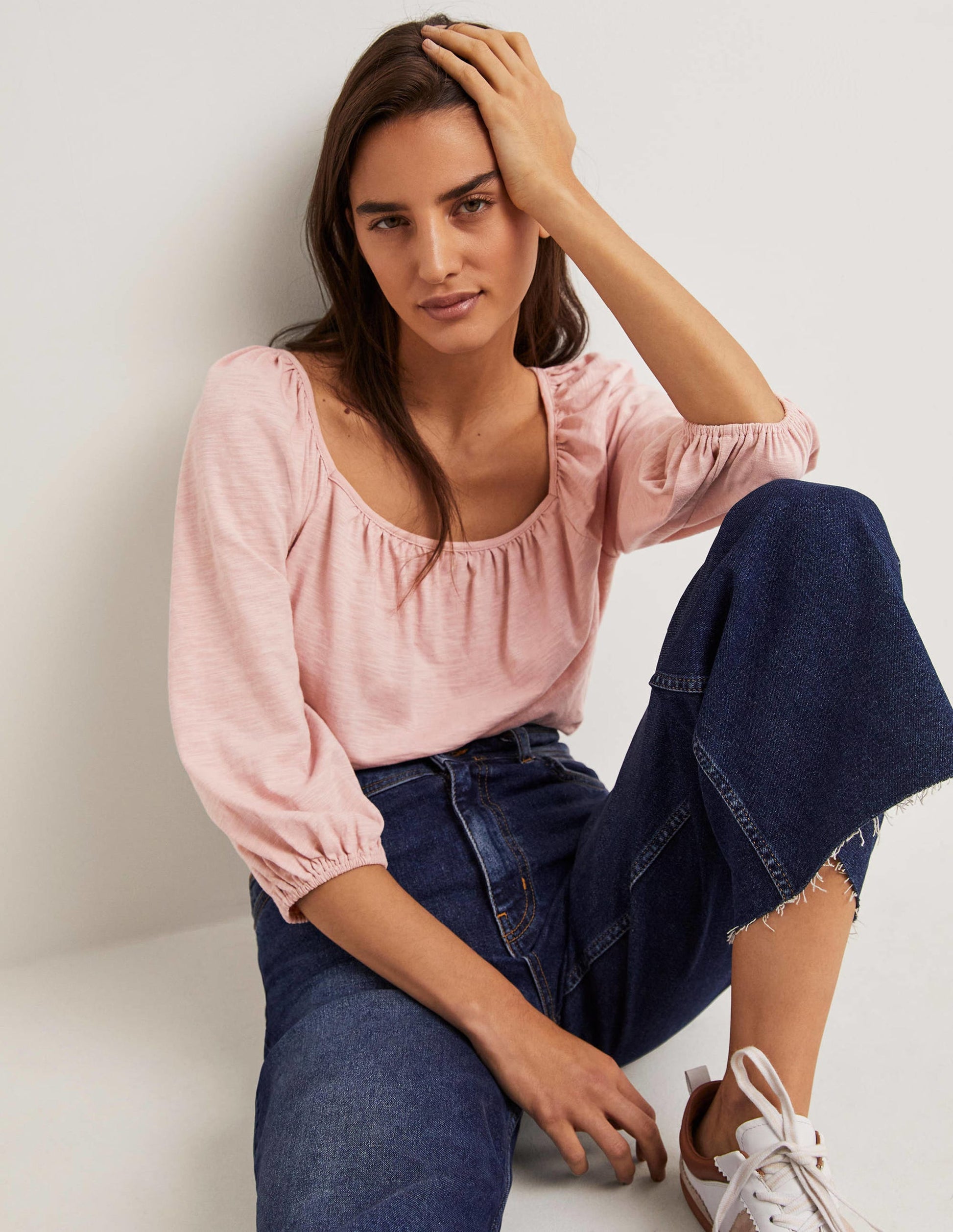 Blouson Sleeve Cotton Top-Milkshake Pink-1