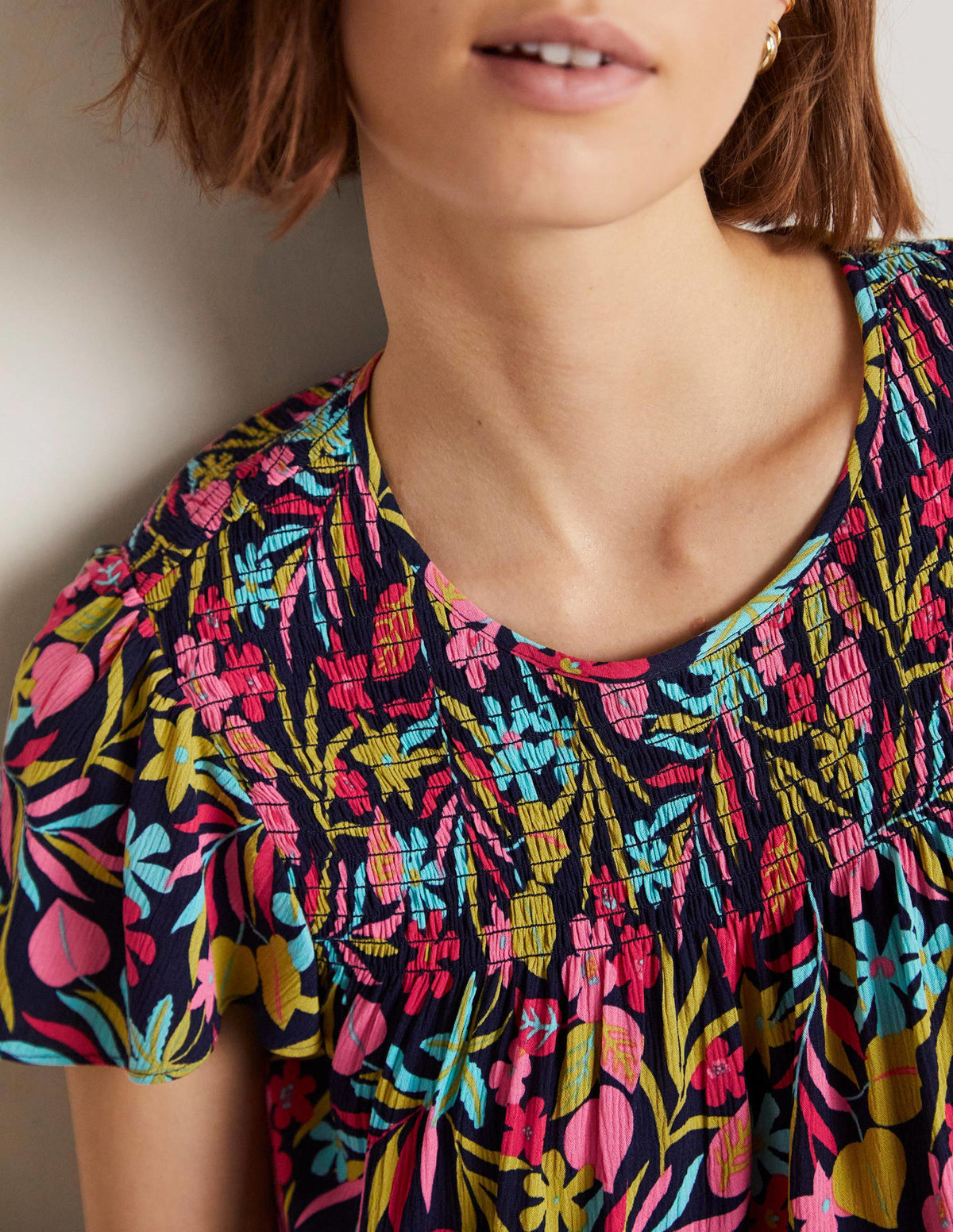 Layla Printed Smocked Top-French Navy, Tropic Foliage - Image 6