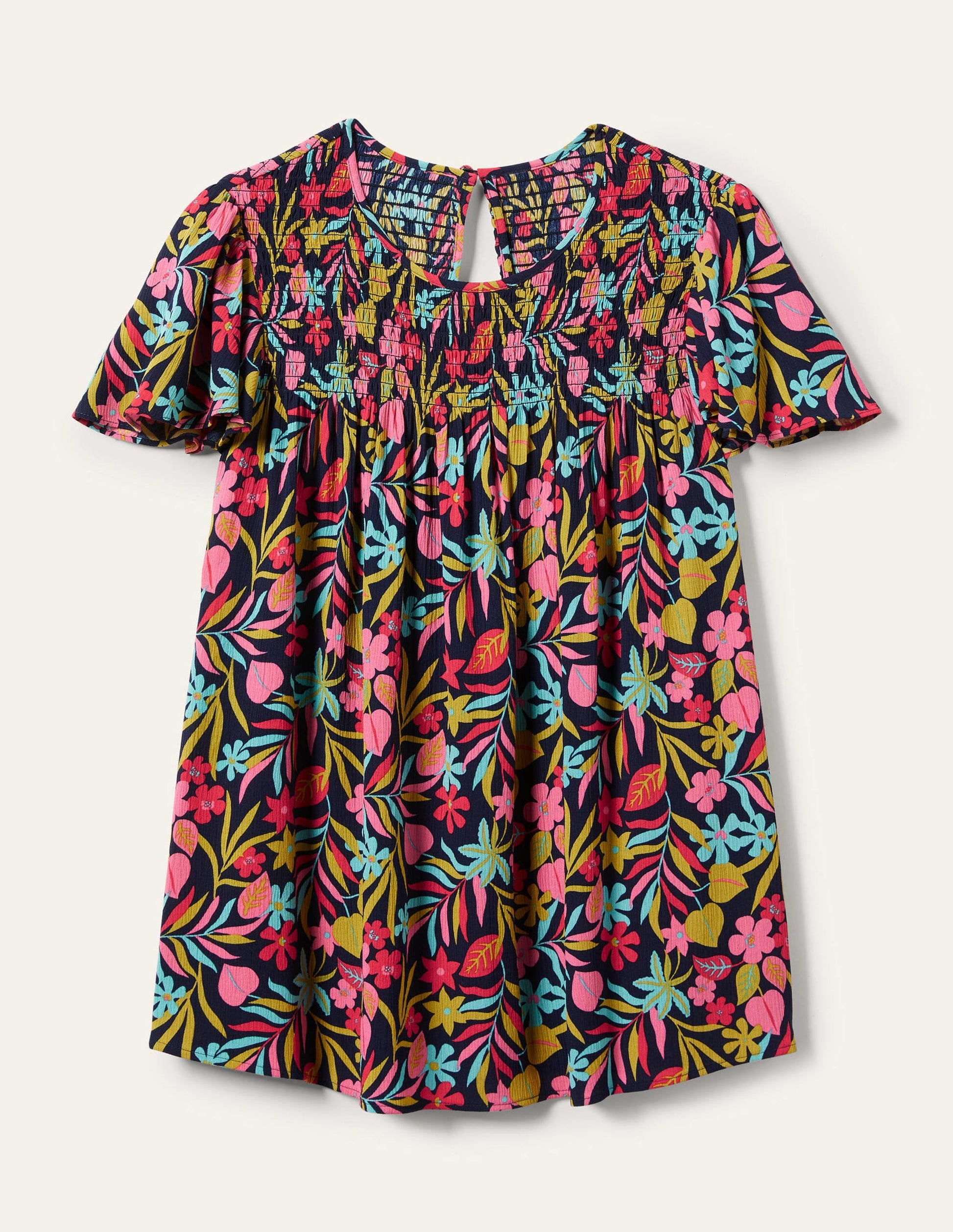 Layla Printed Smocked Top-French Navy, Tropic Foliage-10