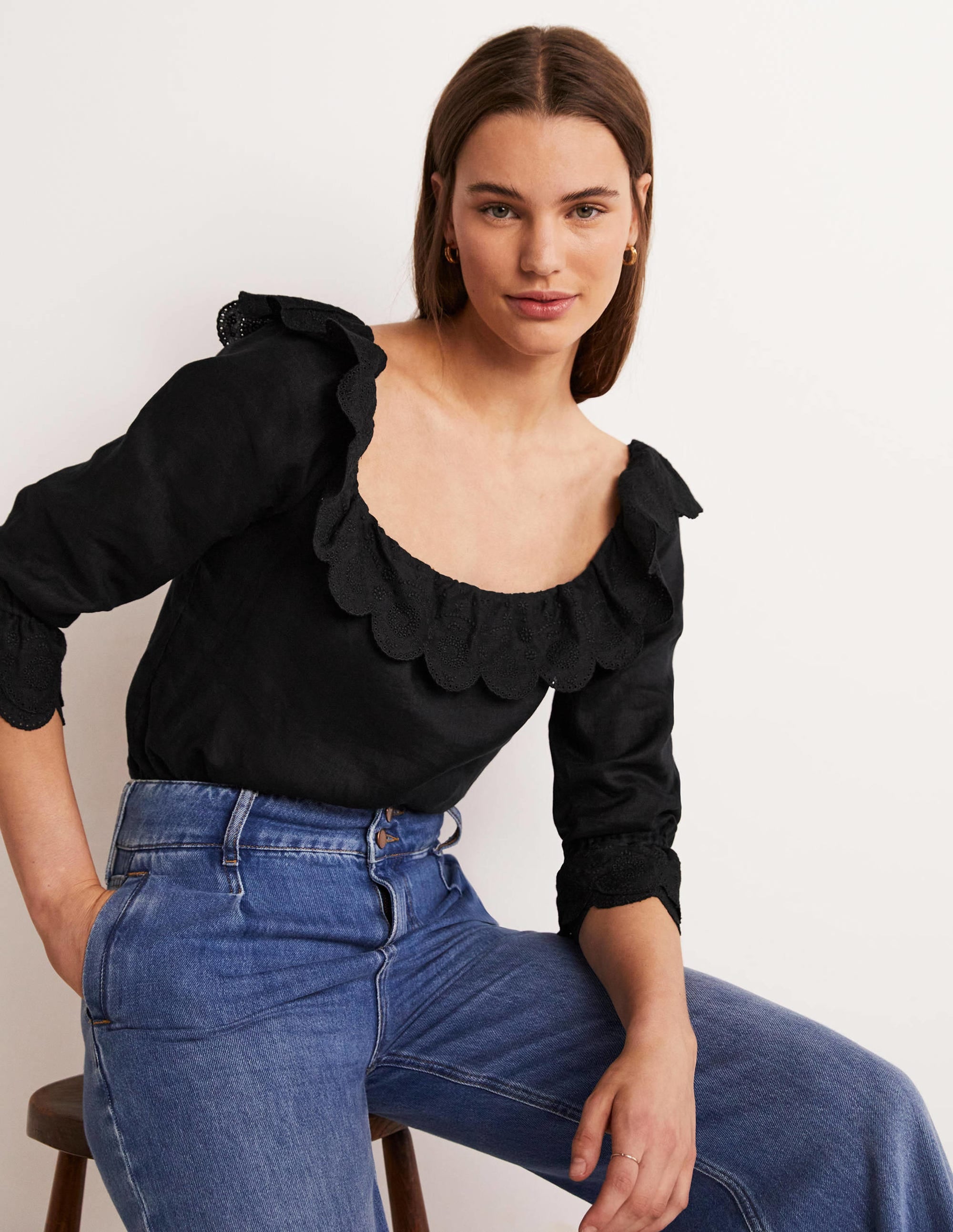 Square Neck Frill Linen Blouse-Black - Image 8