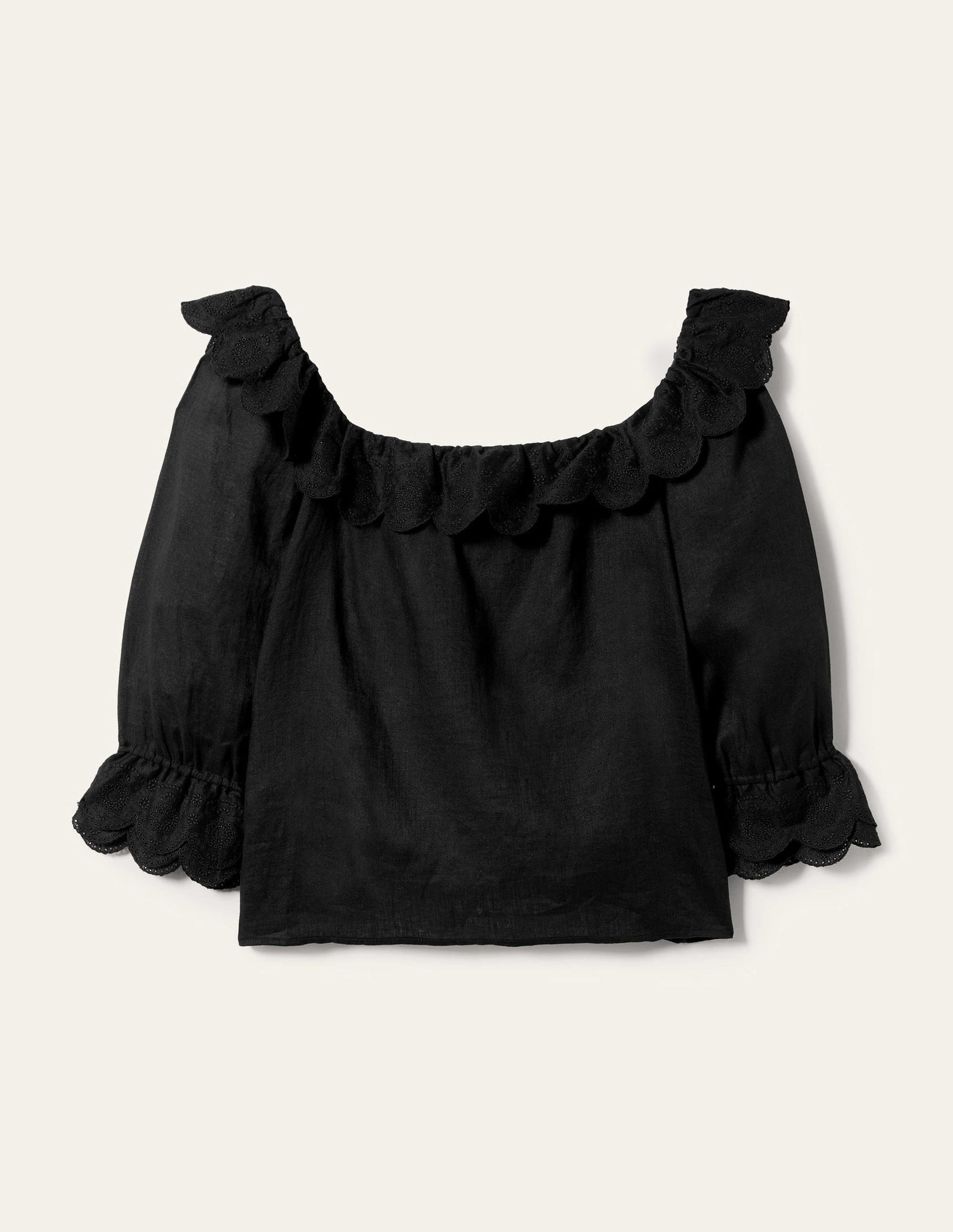 Square Neck Frill Linen Blouse-Black-9