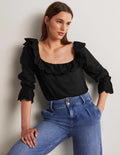 Square Neck Frill Linen Blouse-Black