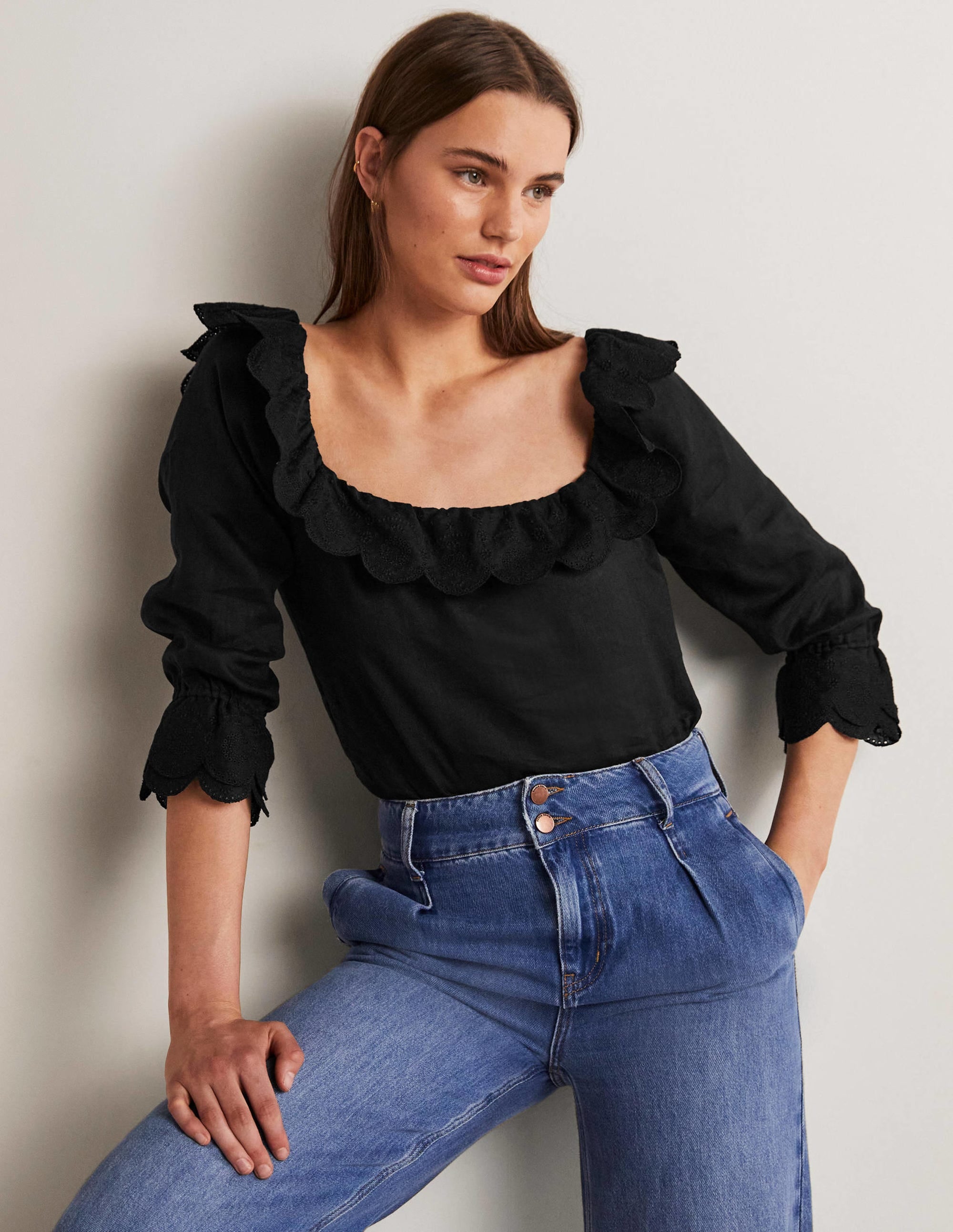 Square Neck Frill Linen Blouse-Black - Image 1