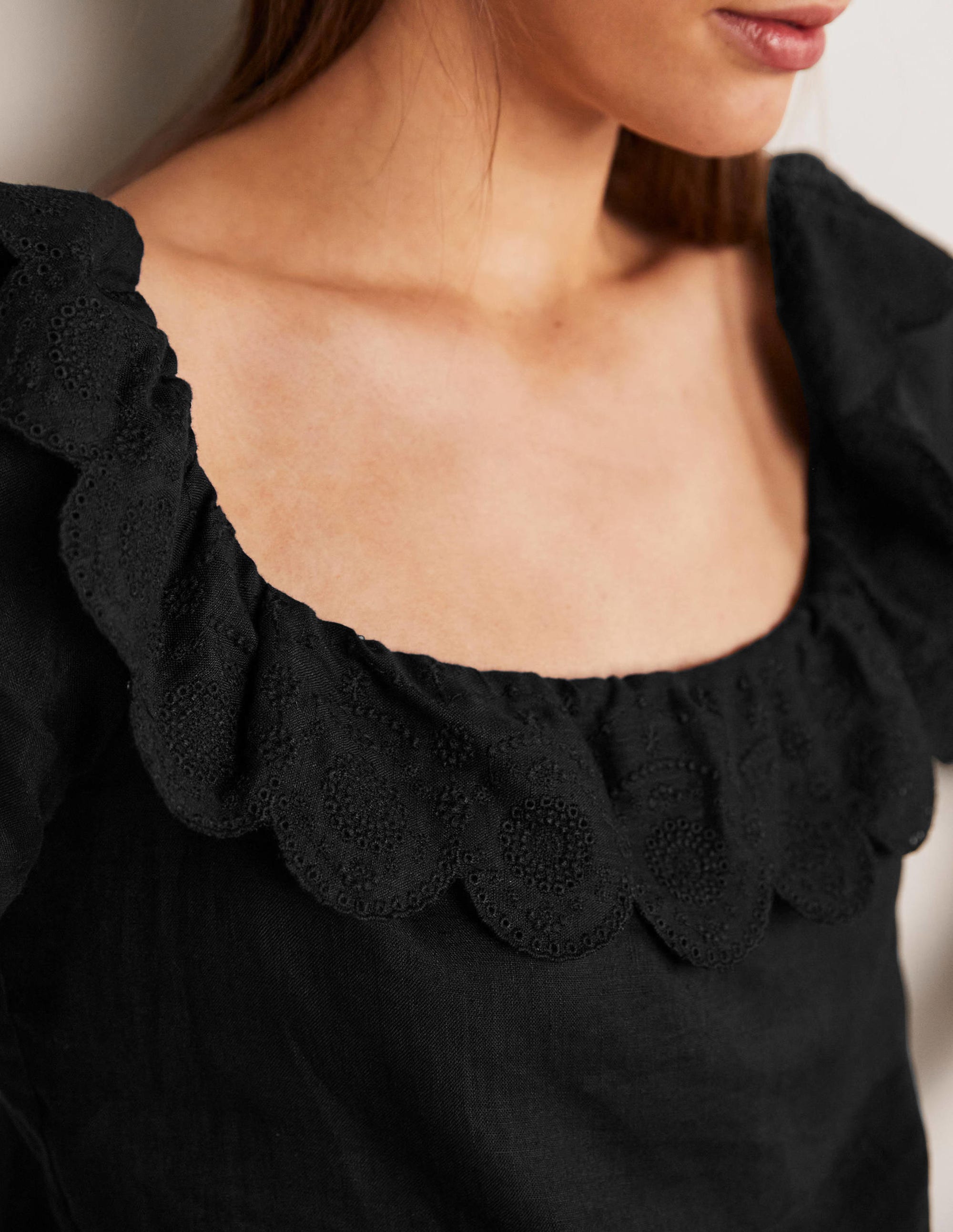 Square Neck Frill Linen Blouse-Black - Image 2