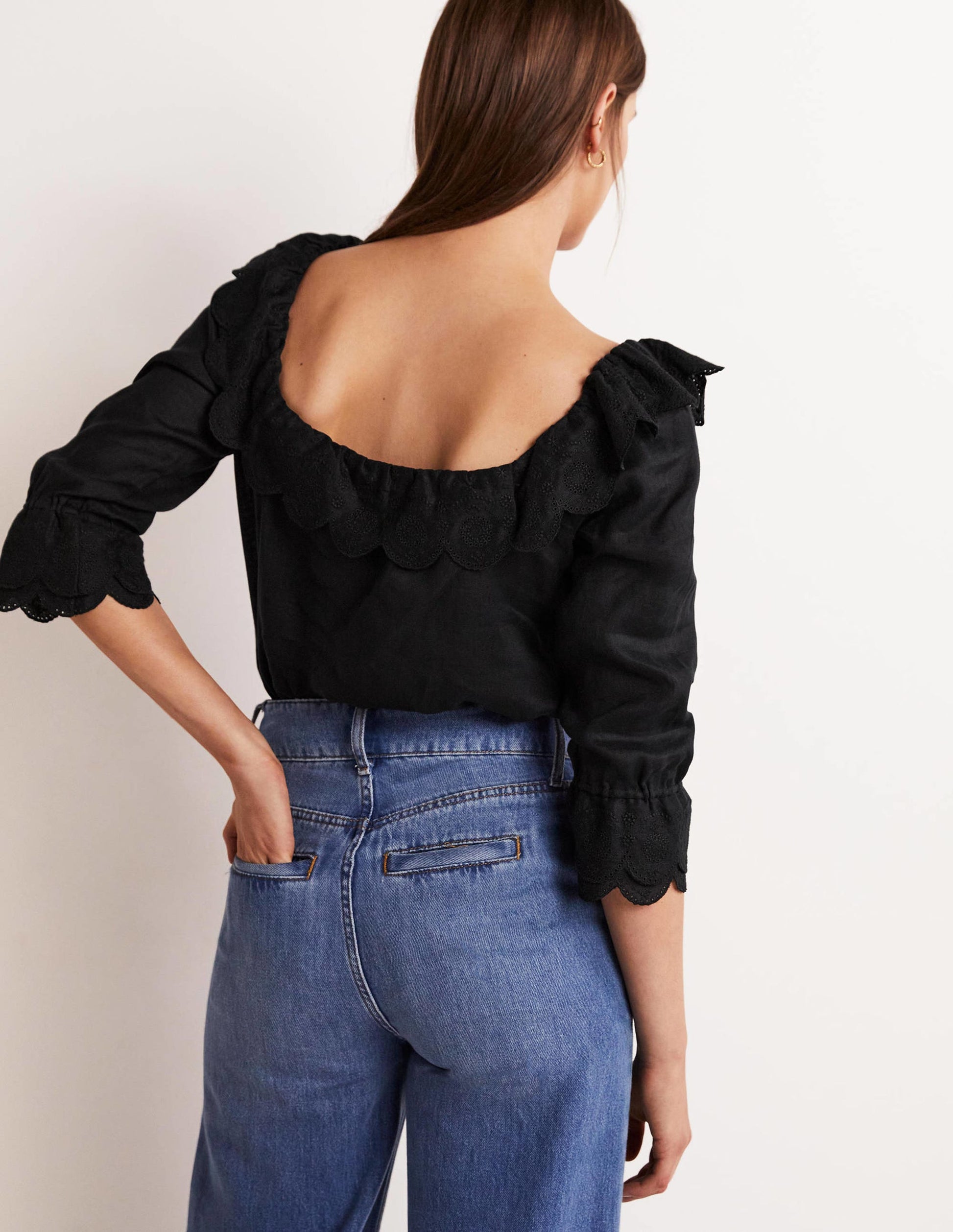 Square Neck Frill Linen Blouse-Black-3