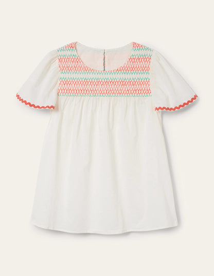 May Flutter Sleeve Smocked Top-White, Multi Smocking-7