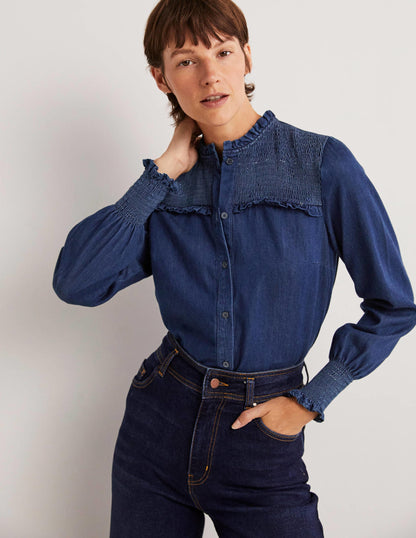 Smocked High Neck Shirt-Denim-1