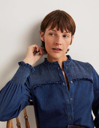 Smocked High Neck Shirt-Denim-2