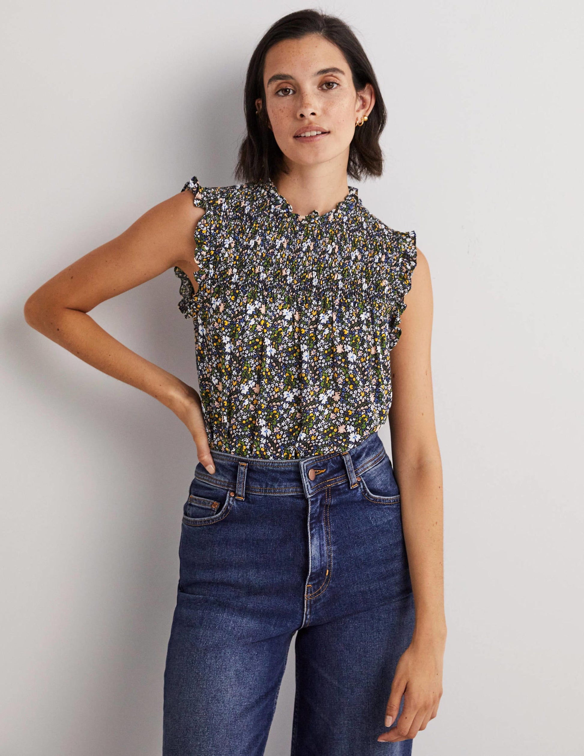 Sleeveless Smocked Top-Black, Abstract Ditsy-1