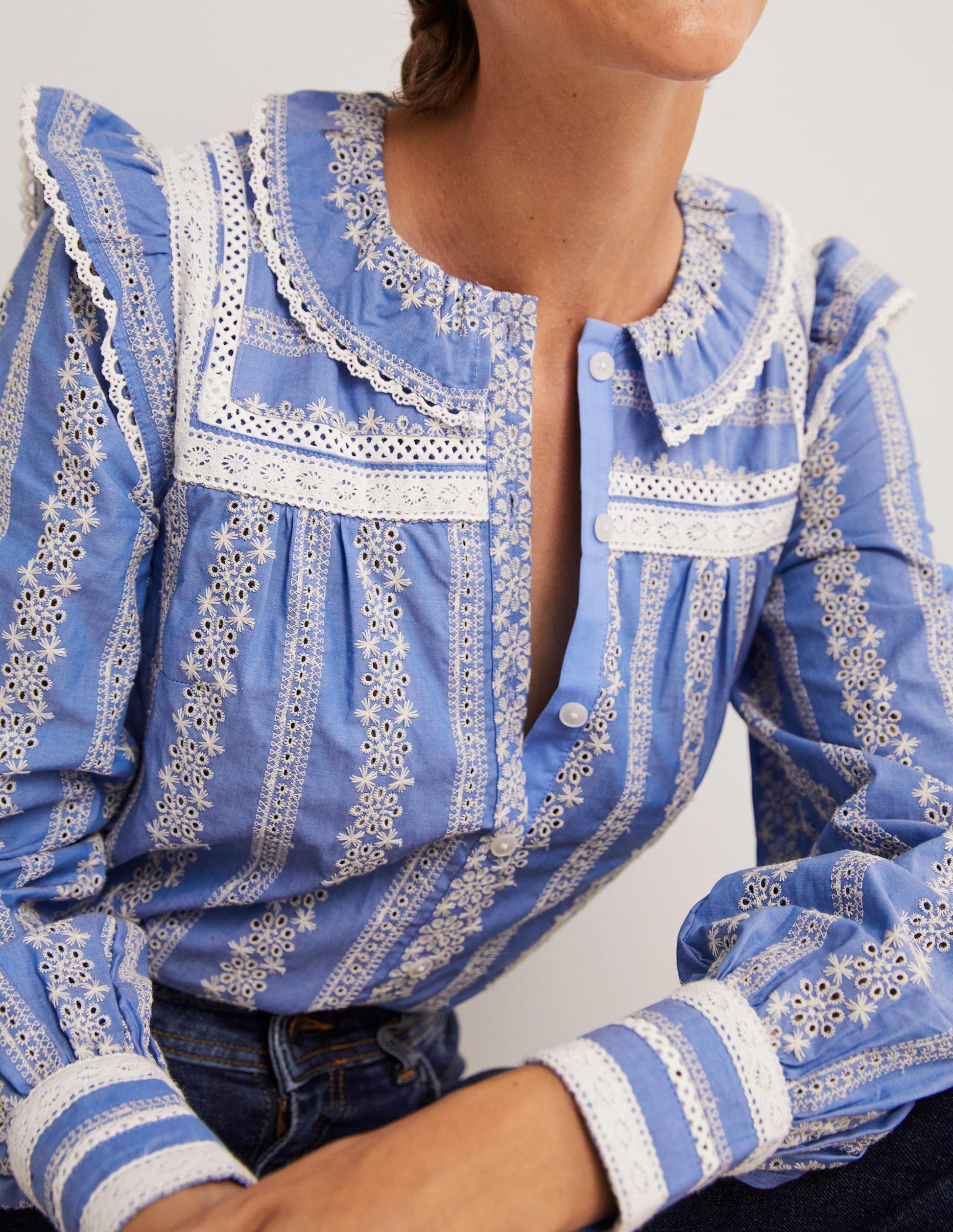 Crochet Trim Blouse-Chambray-2