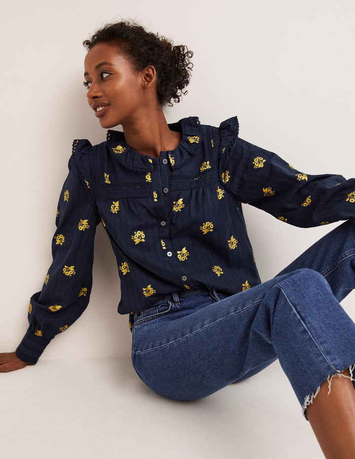 Crochet Trim Blouse-Navy, Wild Pansy