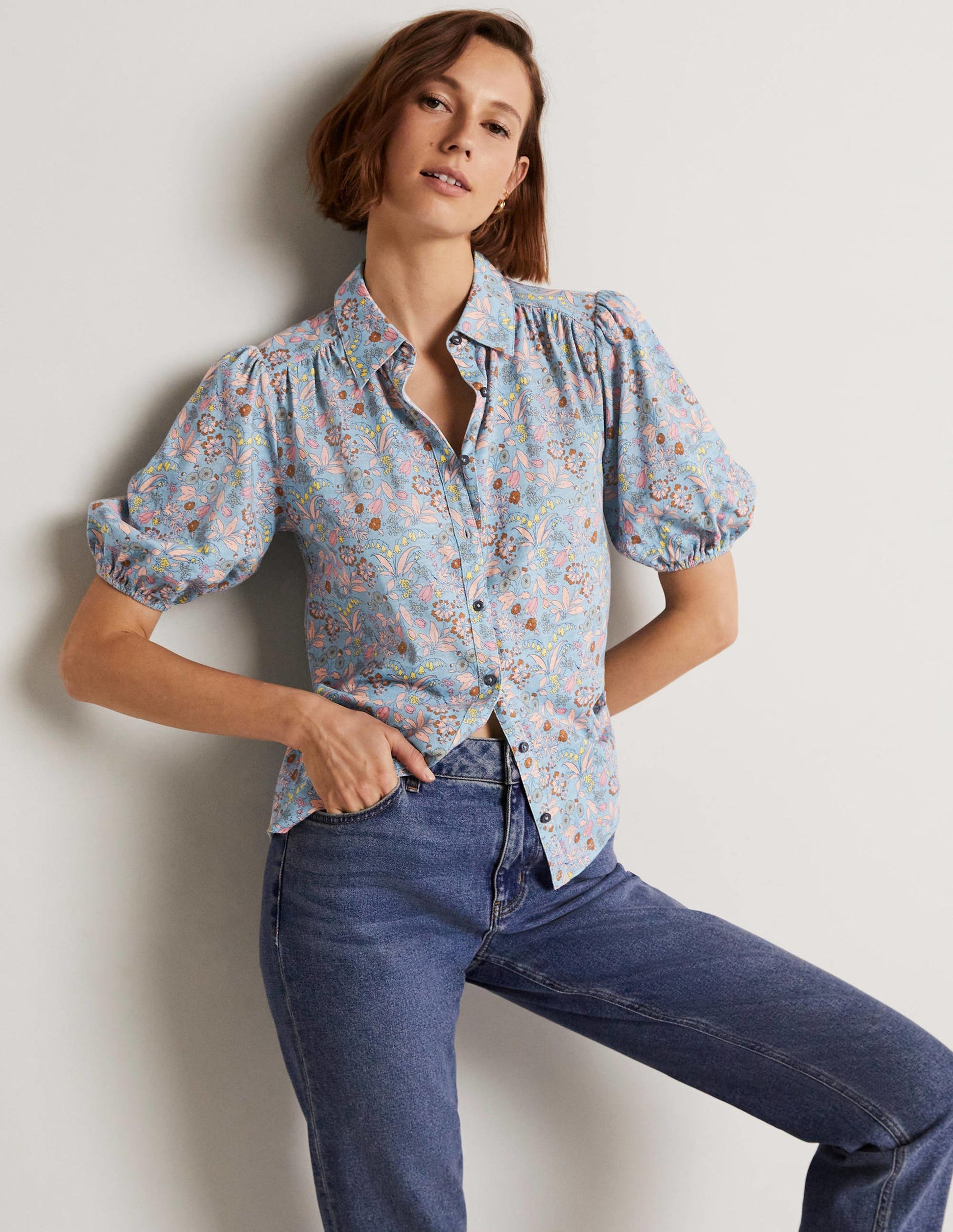 Puff Sleeve Jersey Shirt-Dusty Blue, WIldflower-1