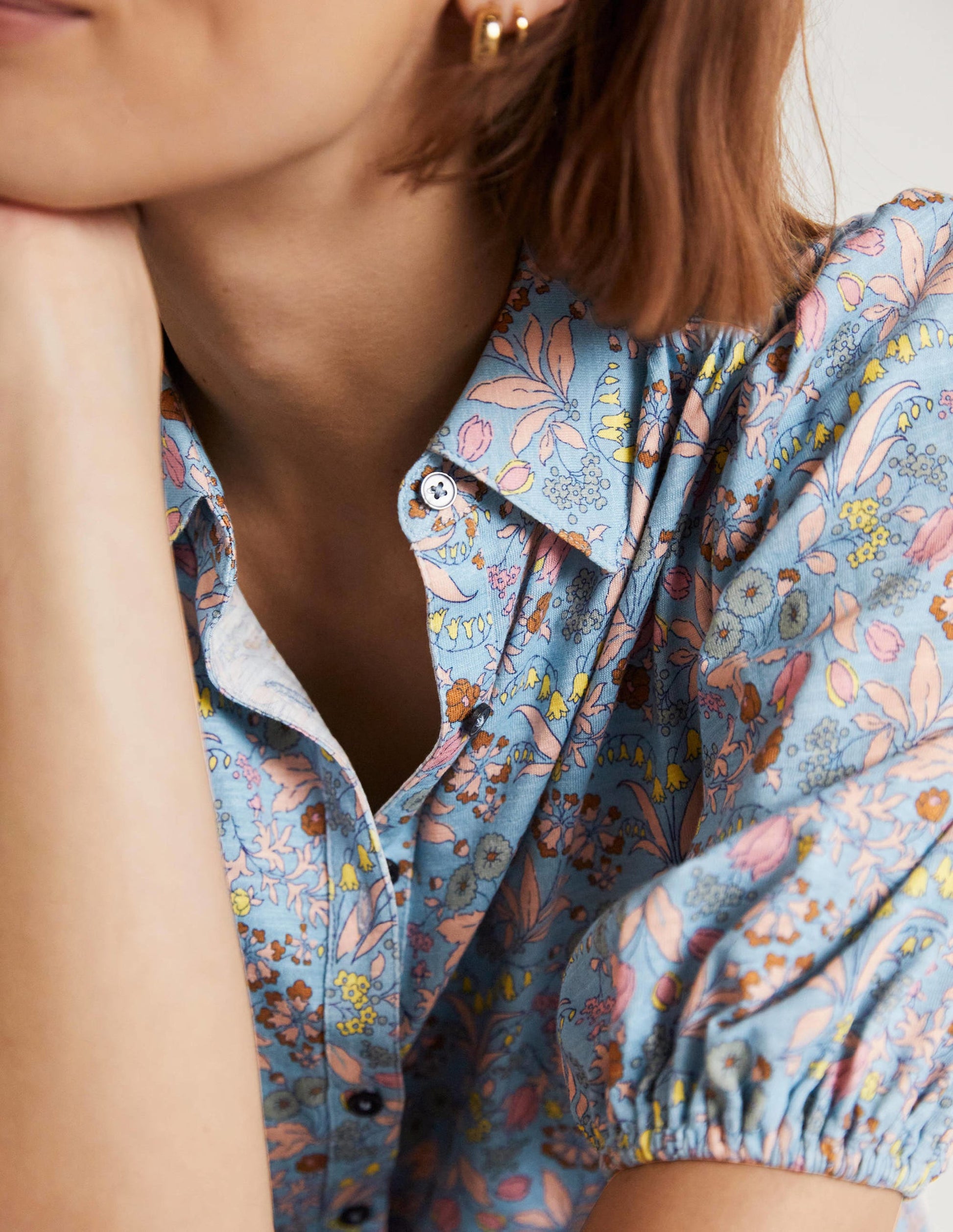 Puff Sleeve Jersey Shirt-Dusty Blue, WIldflower-2