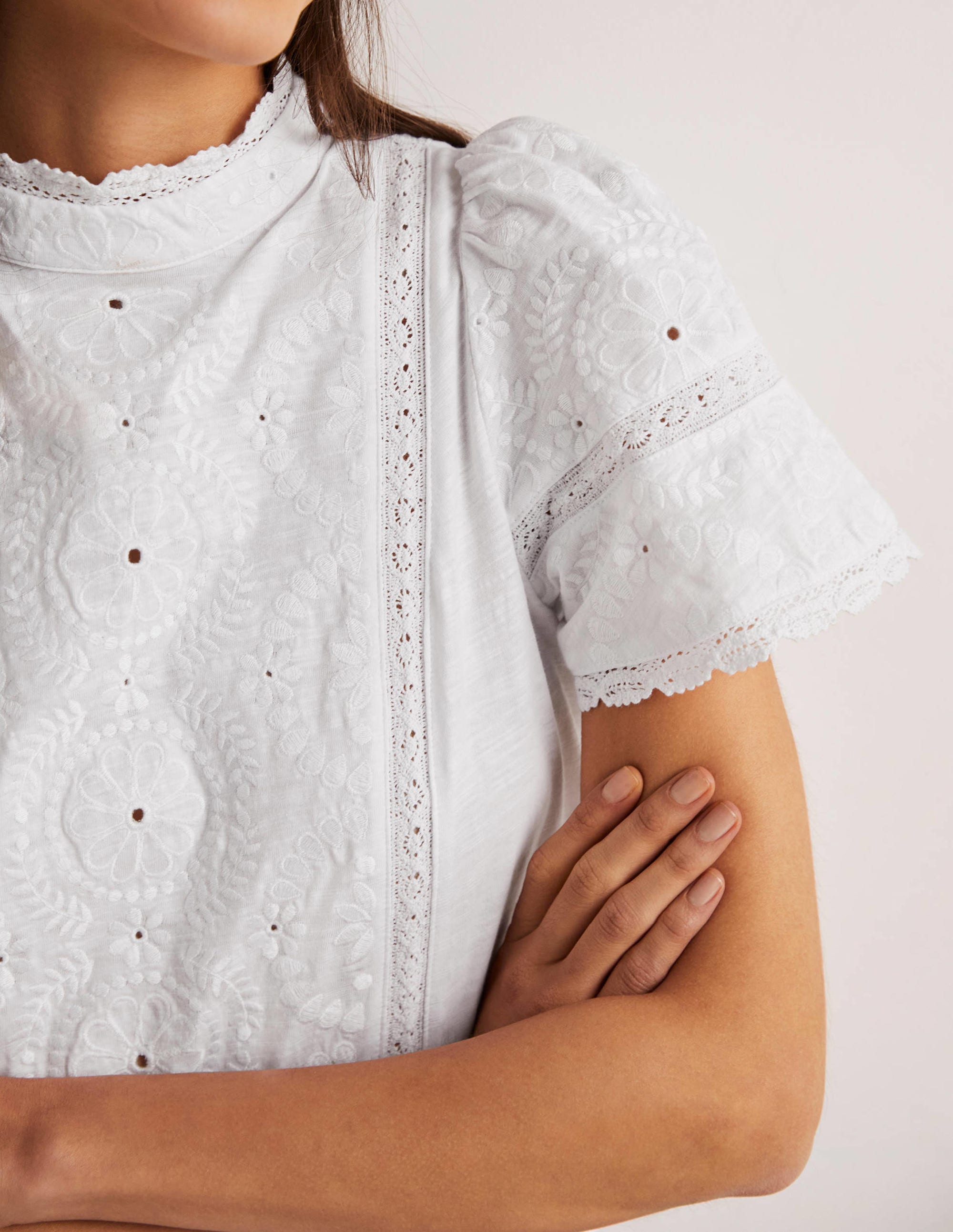 Broderie High Neck Jersey Top-White - Image 2