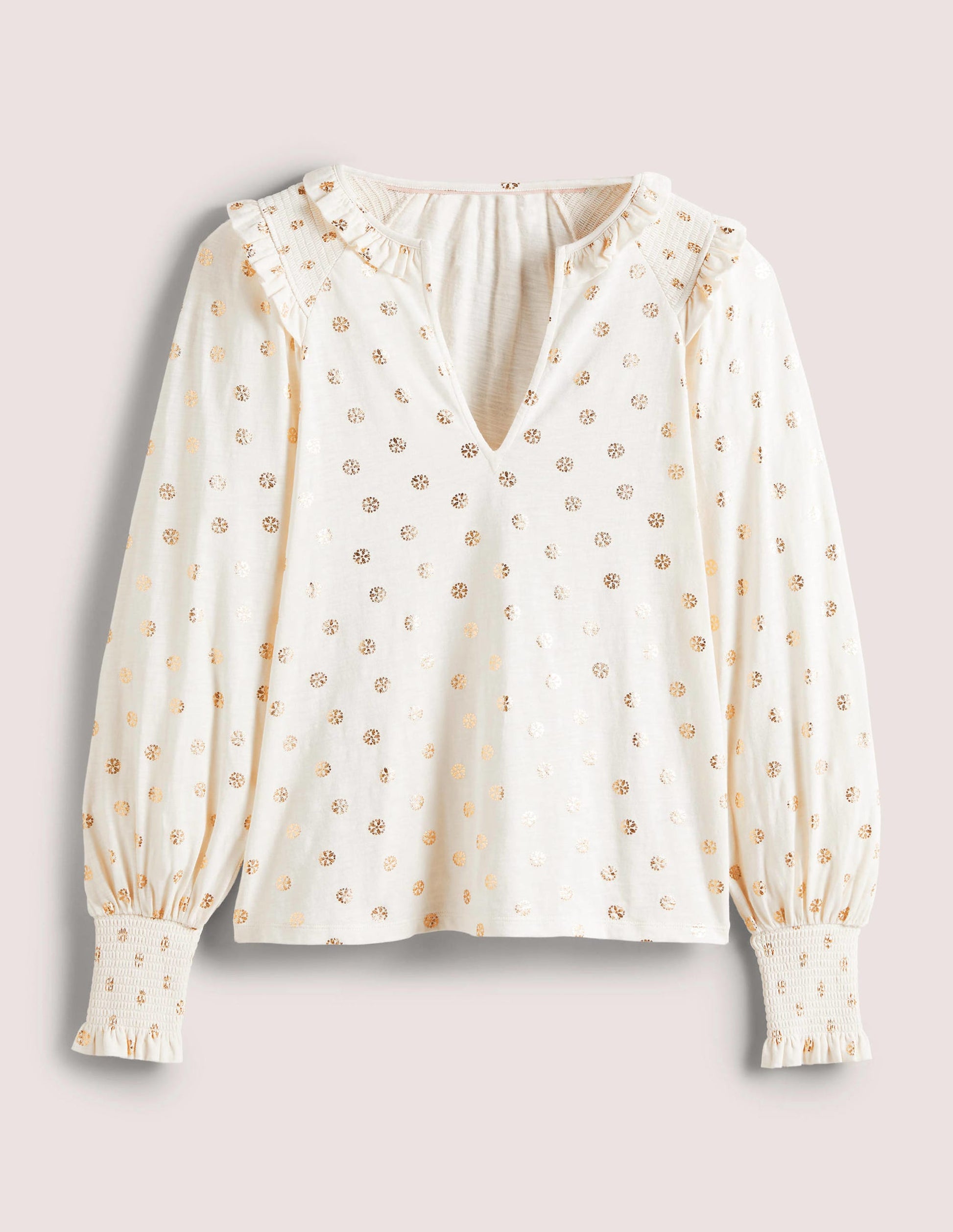 Notch Neck Smocked Frill Top-Ivory, Dainty Foil-5