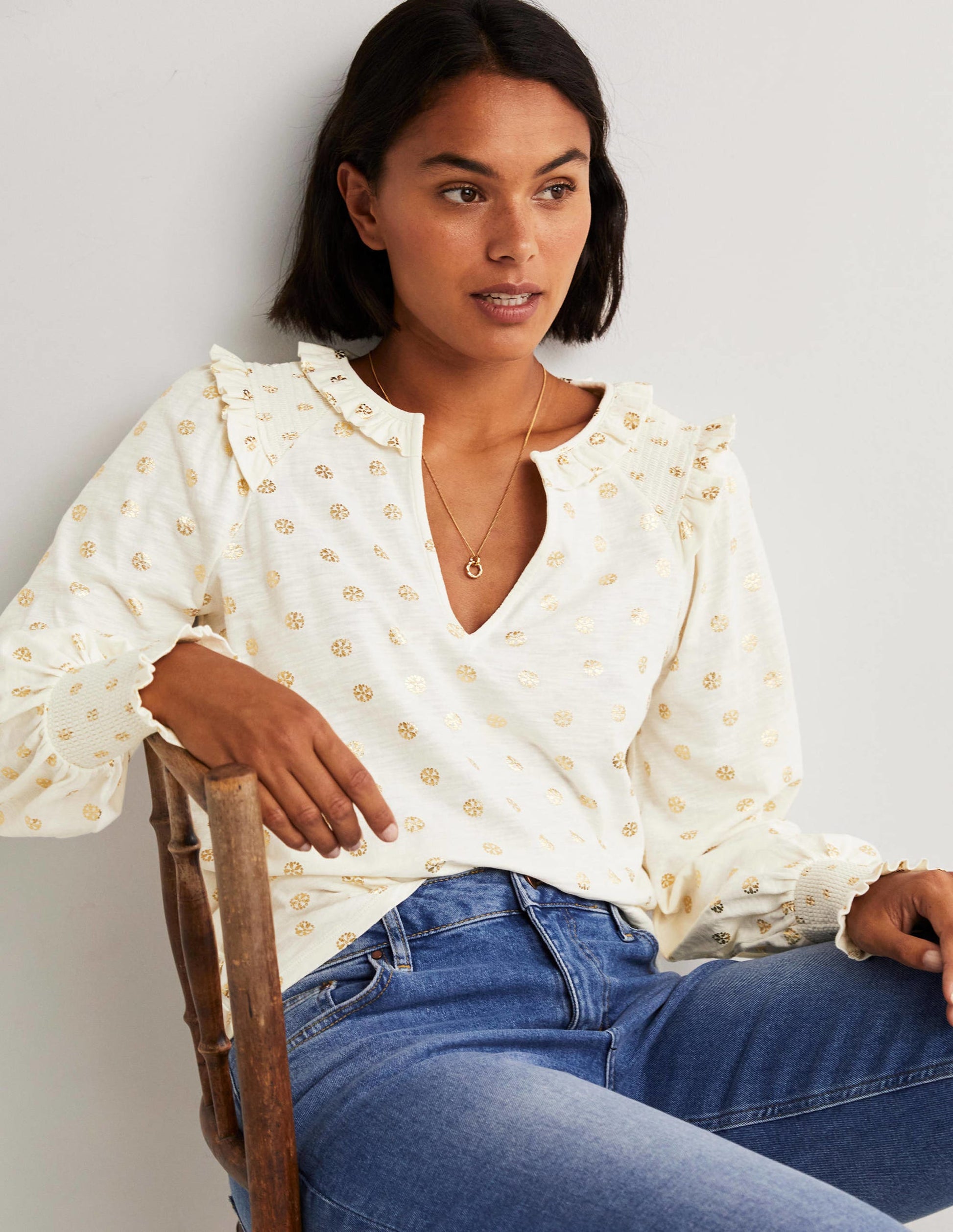 Notch Neck Smocked Frill Top-Ivory, Dainty Foil-1