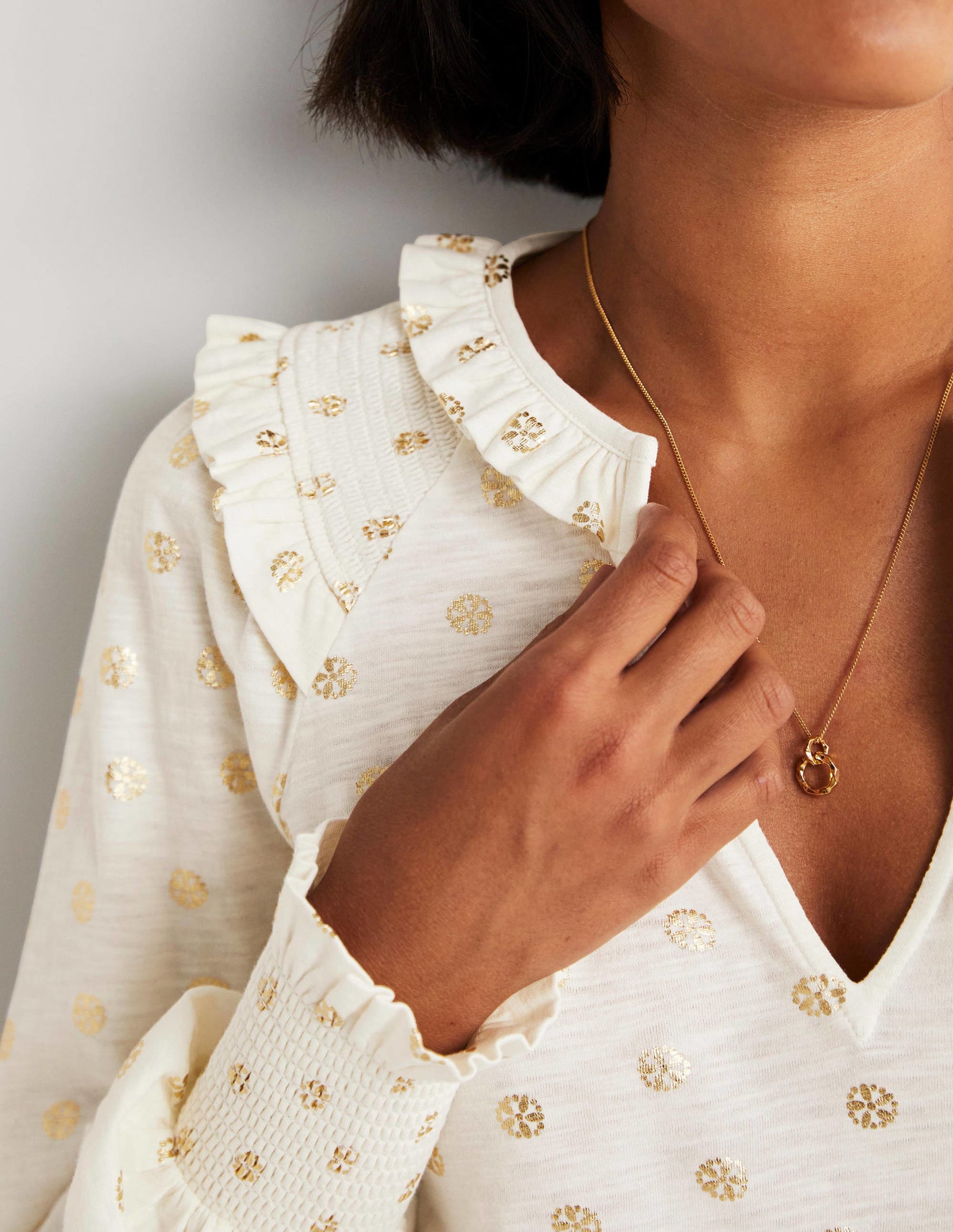 Notch Neck Smocked Frill Top-Ivory, Dainty Foil-2