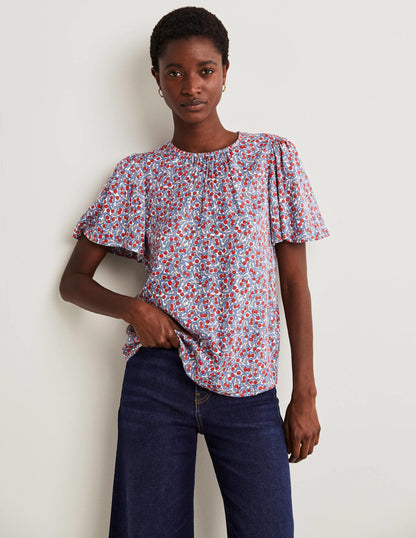 Flutter Sleeve Crew Neck Top-Riviera Blue, Petal Paisley-1