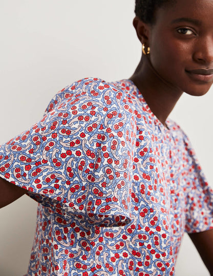 Flutter Sleeve Crew Neck Top-Riviera Blue, Petal Paisley-2
