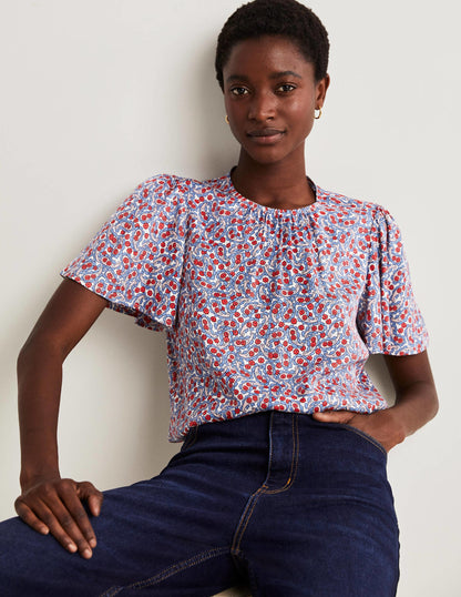 Flutter Sleeve Crew Neck Top-Riviera Blue, Petal Paisley-4